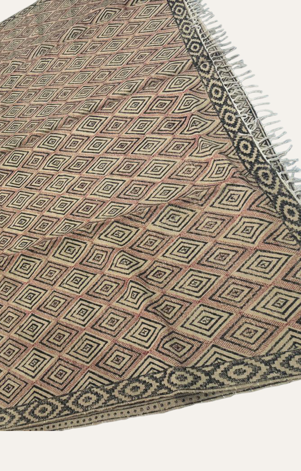 Printed Indian Dhurie with Fringes - Red/Brown