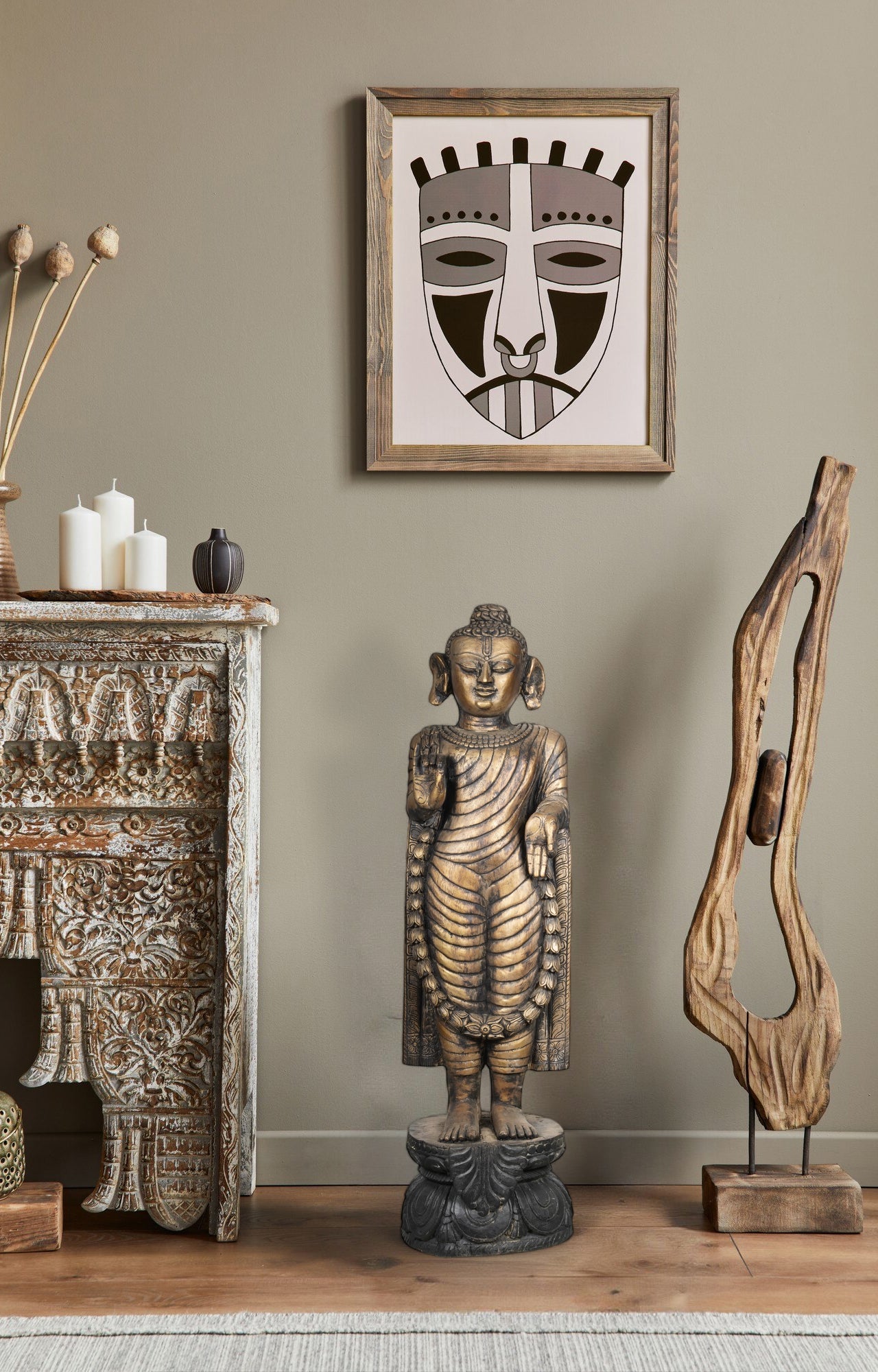 Handcrafted Wooden Buddha with Antique Golden Finish