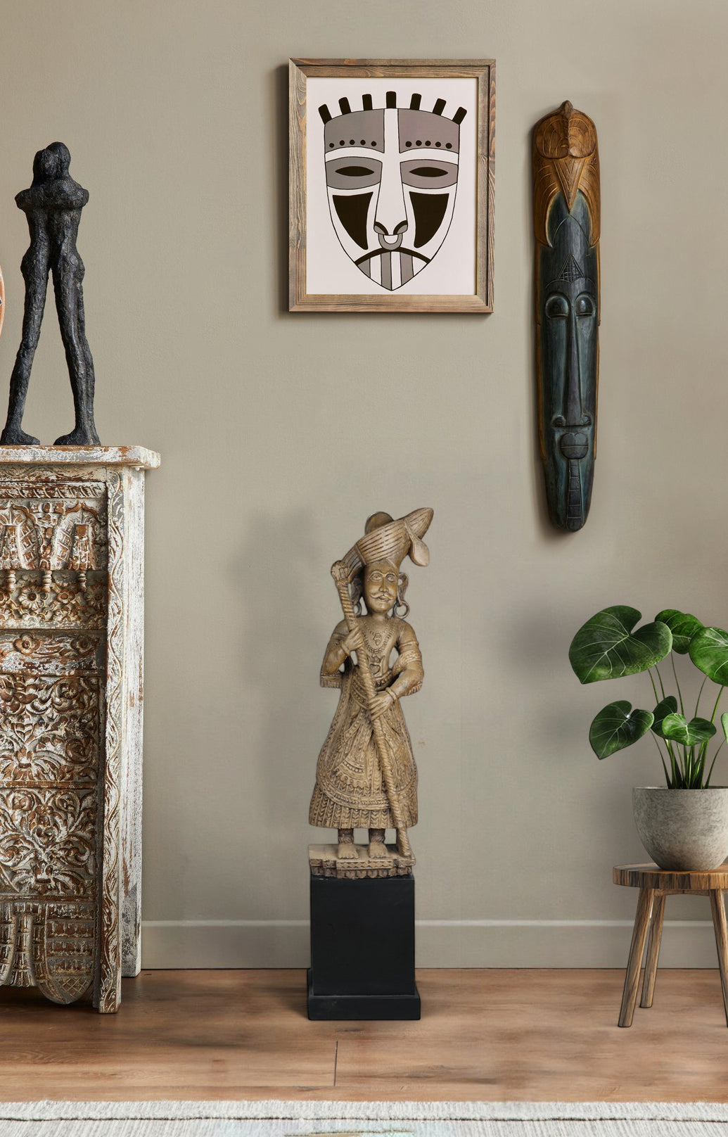 Handcrafted Vintage Wooden Dwarpal Statue Set