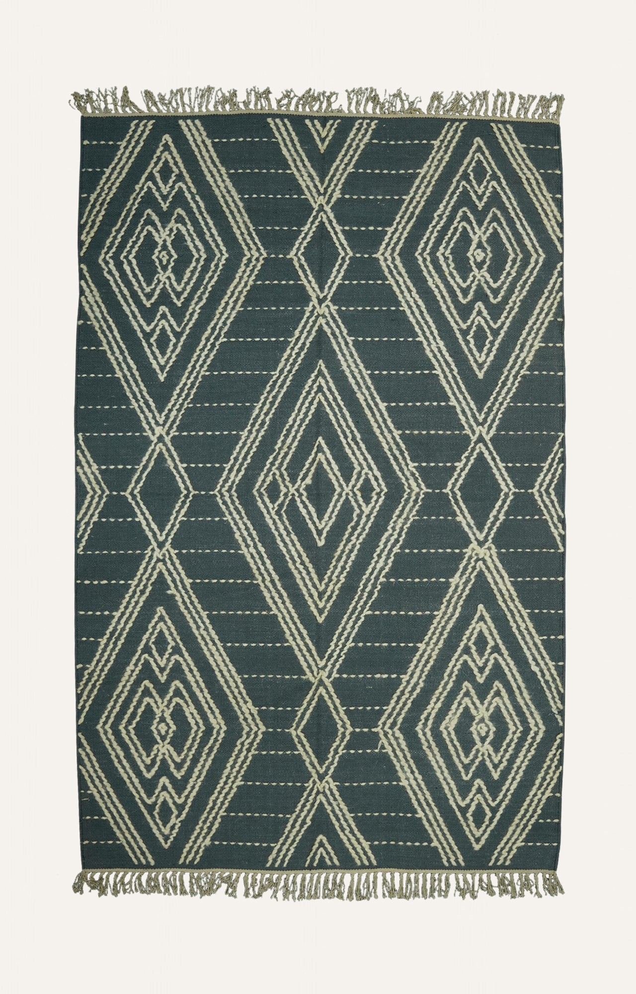 Blue Geometric Handwoven Cotton Rug with Tassels