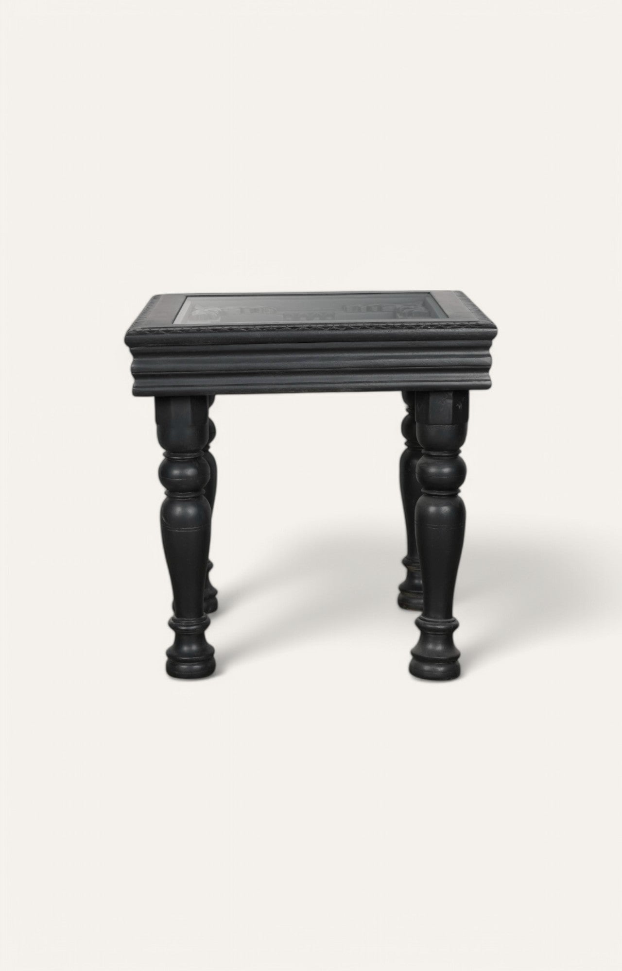 Black Hand Carved Side Table with Glass Top