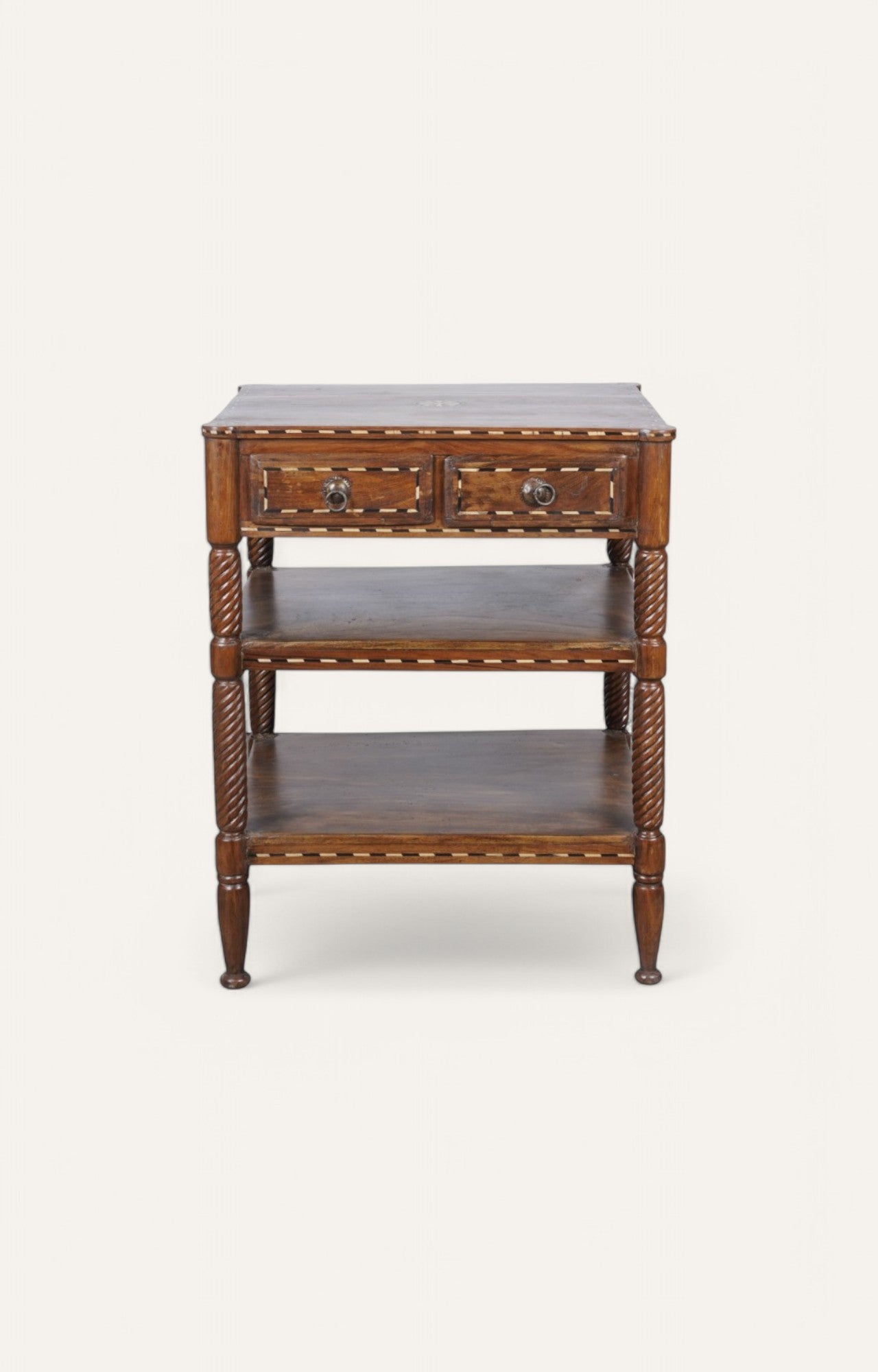 Hand-carved Side Table with Storage Drawers and Shelves