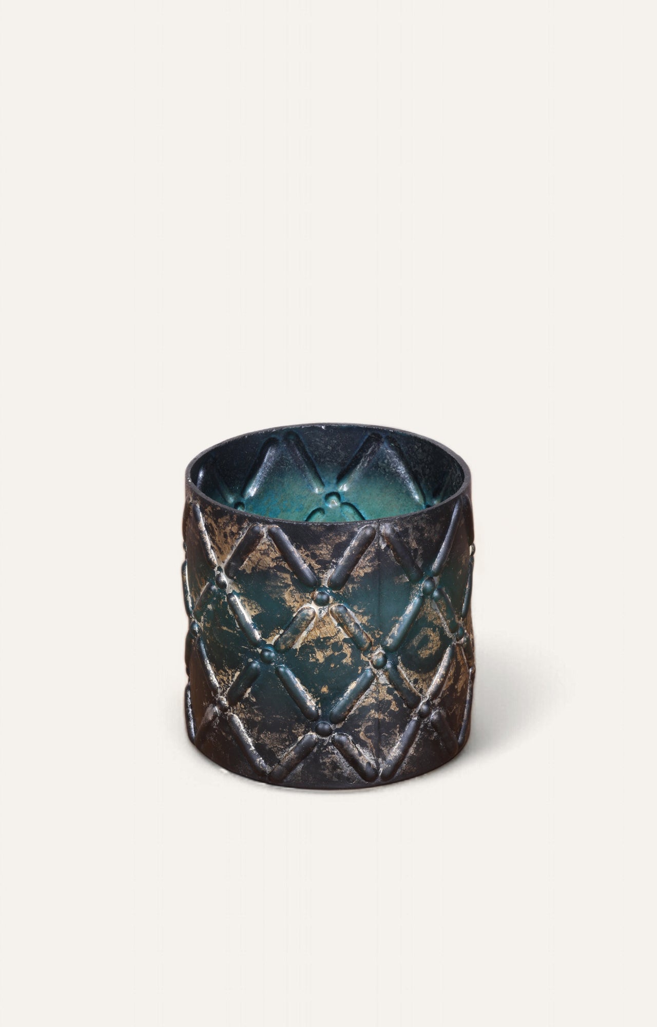 Teal Embossed Glass Candle Holder