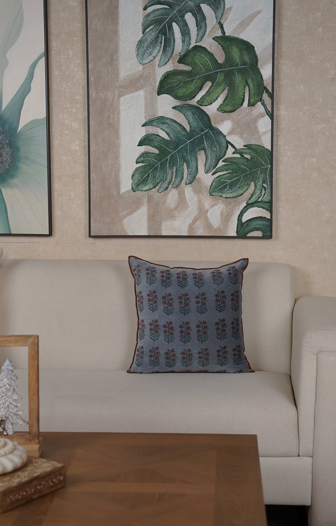 Blue Floral Velvet Cushion Cover