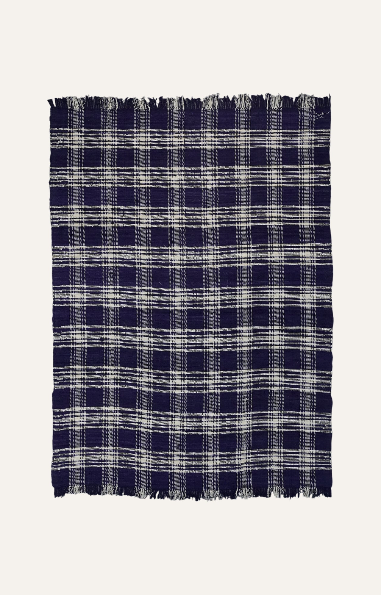 Navy Blue Checks Cotton Rug with Tassels