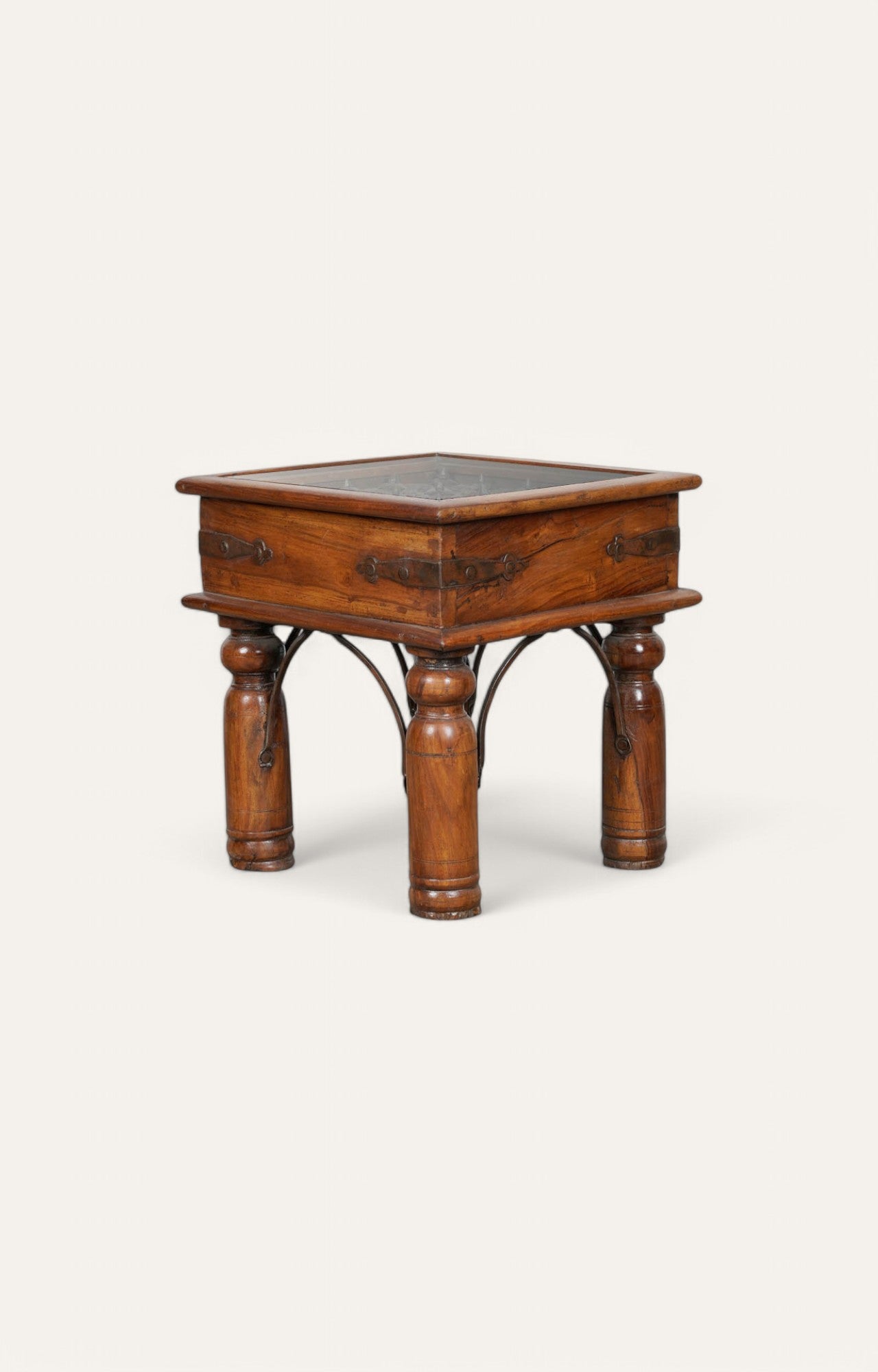 Metal and Wood Hand Carved Side Table