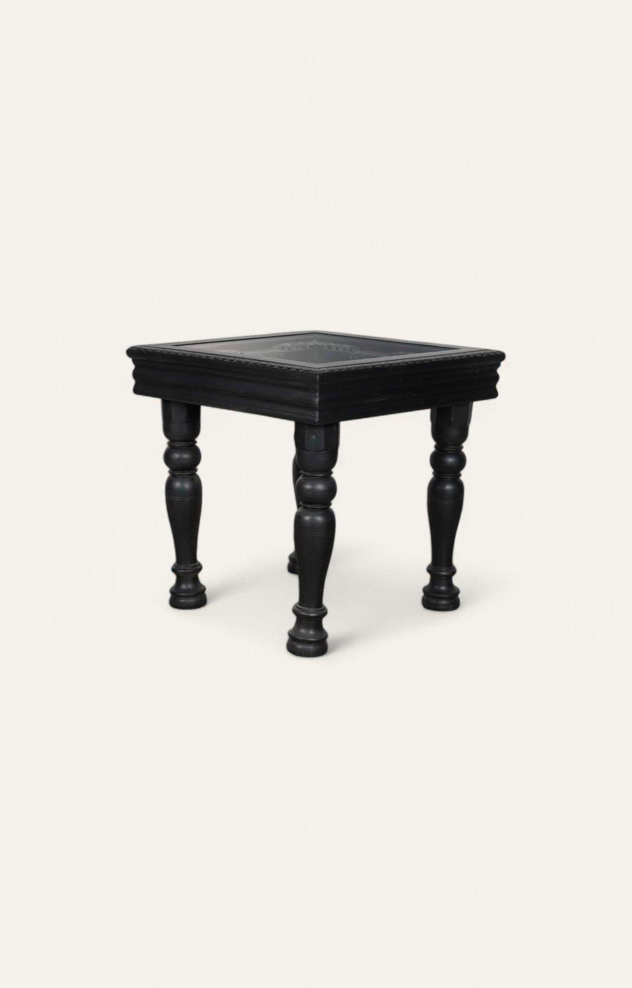 Black Hand Carved Side Table with Glass Top