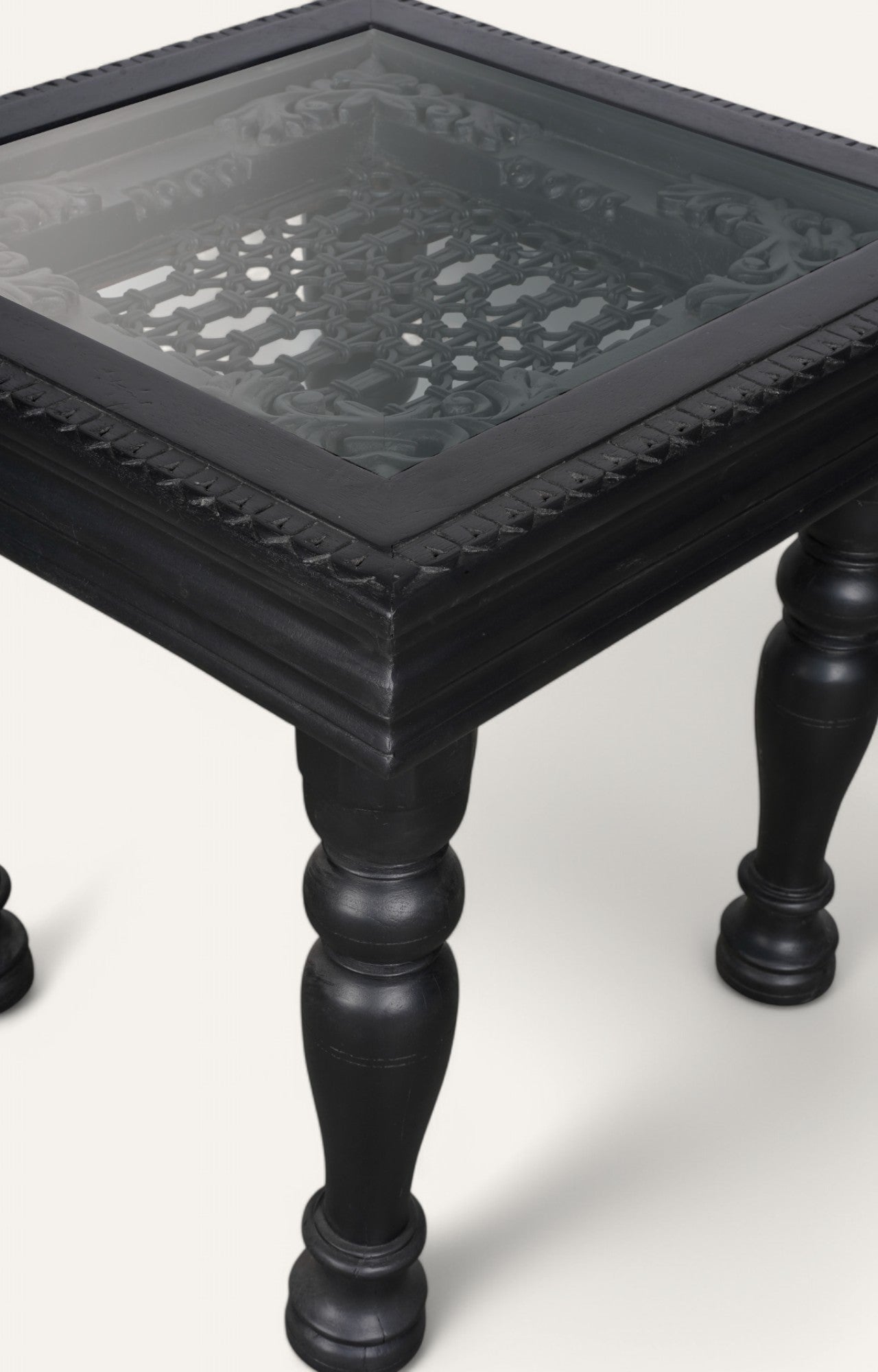 Black Hand Carved Side Table with Glass Top