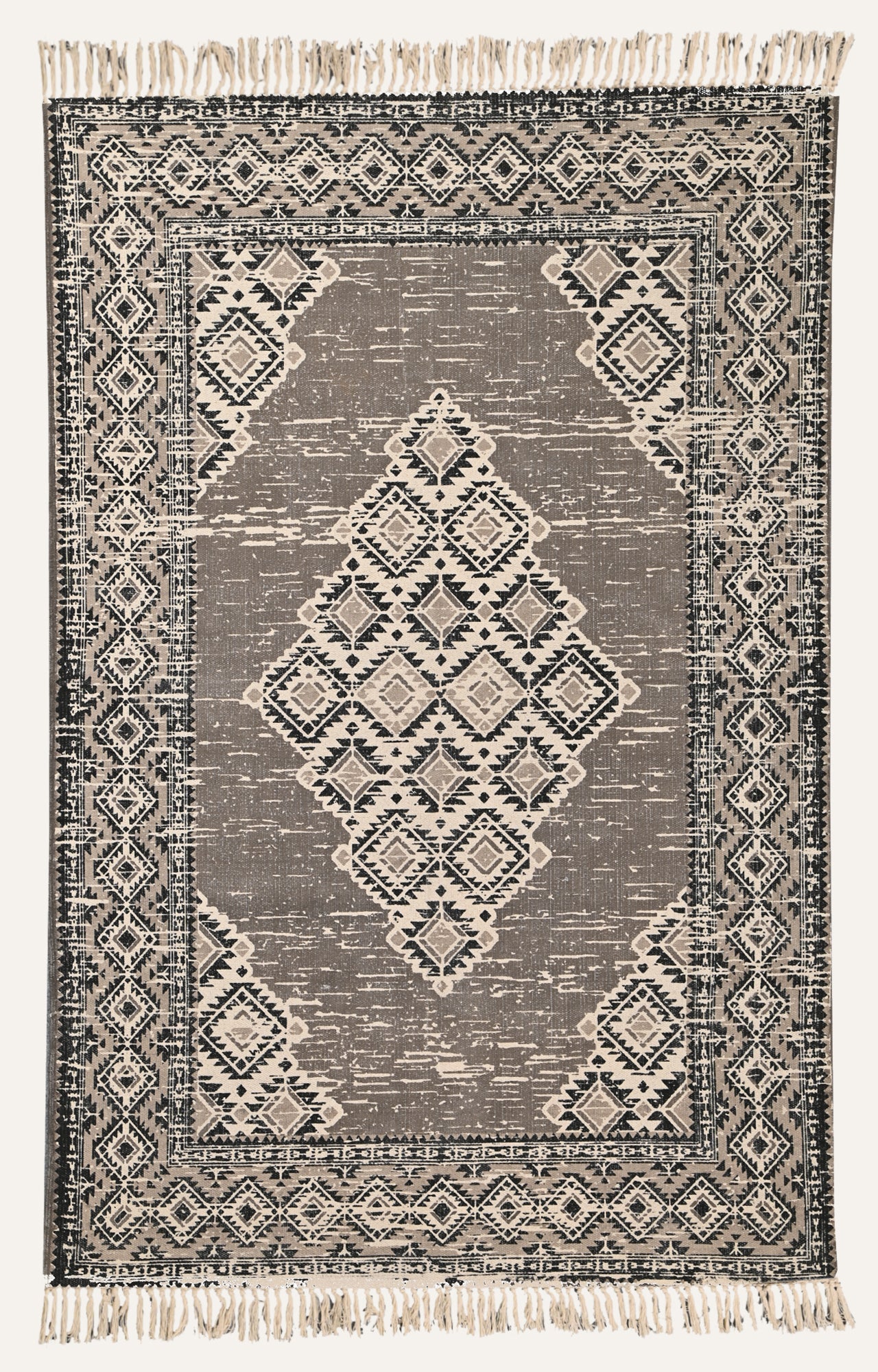 Tribal Medallion Cotton Rug in Stone & Noir
