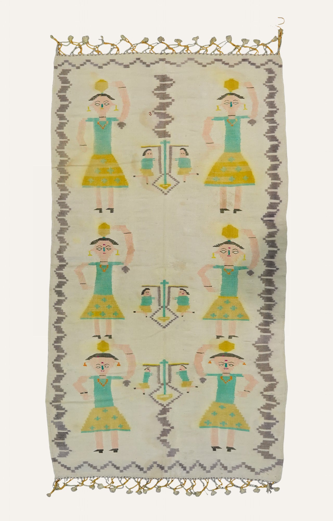 Folk Art Handwoven Cotton Rug with Tassels