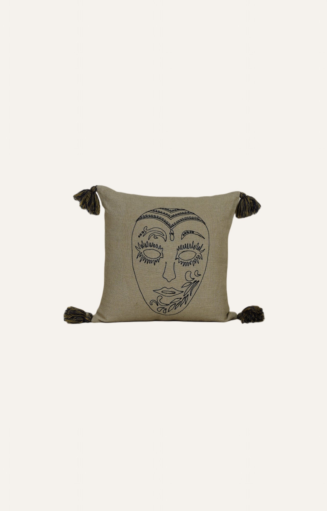 Embroidered Mask Motif Cushion with Tassels