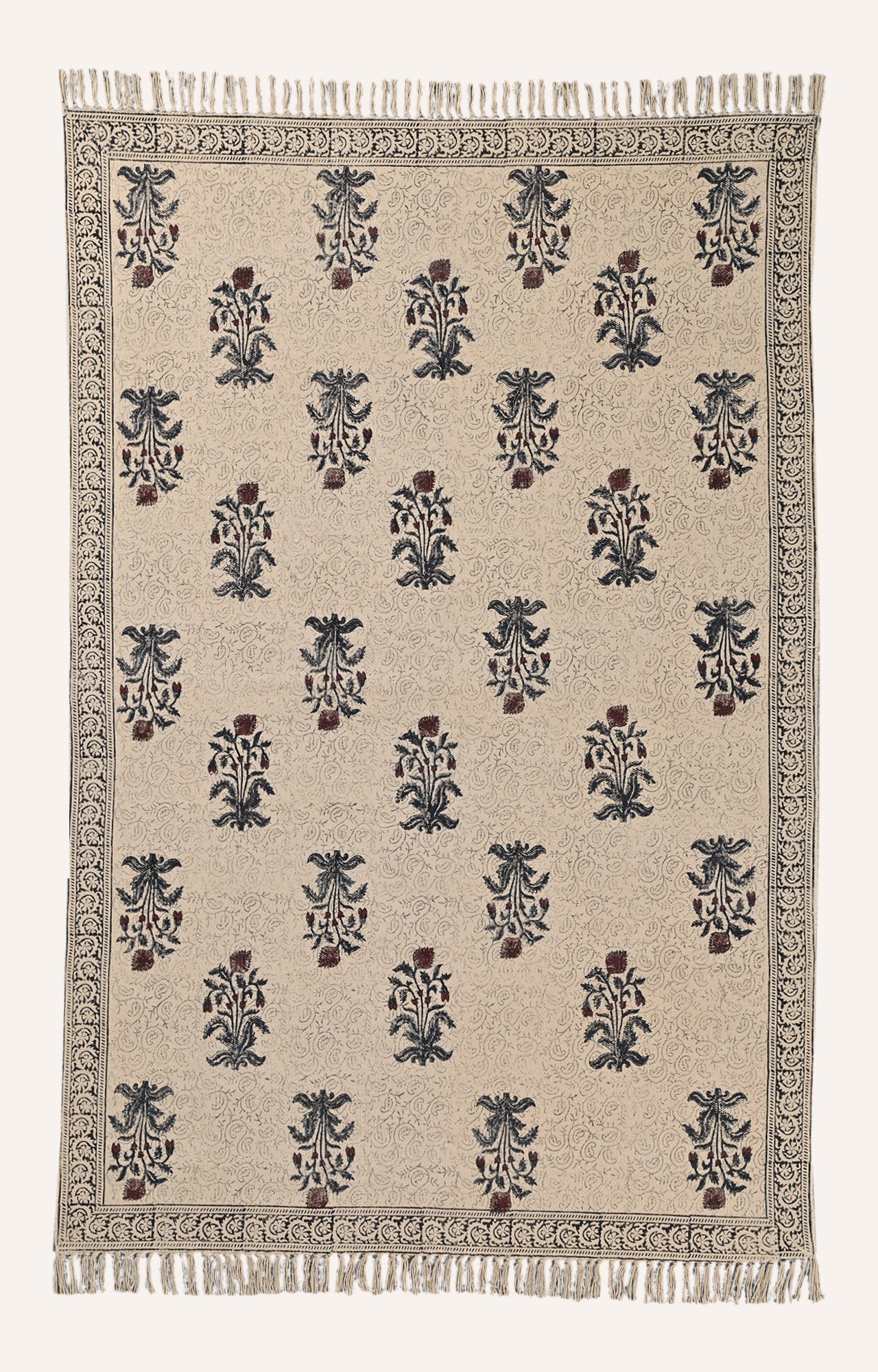 Handwoven Block Print Rug with Living Root Motif Design