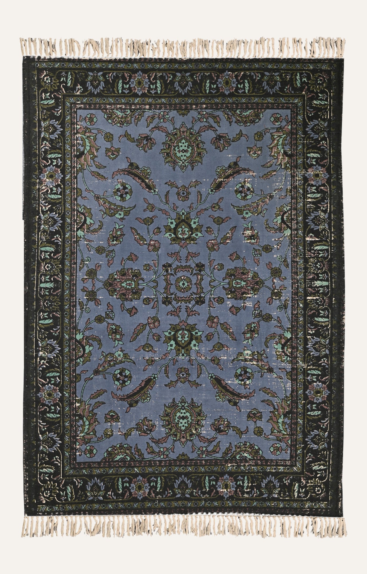 Blue Persian-Inspired Floral Cotton Rug