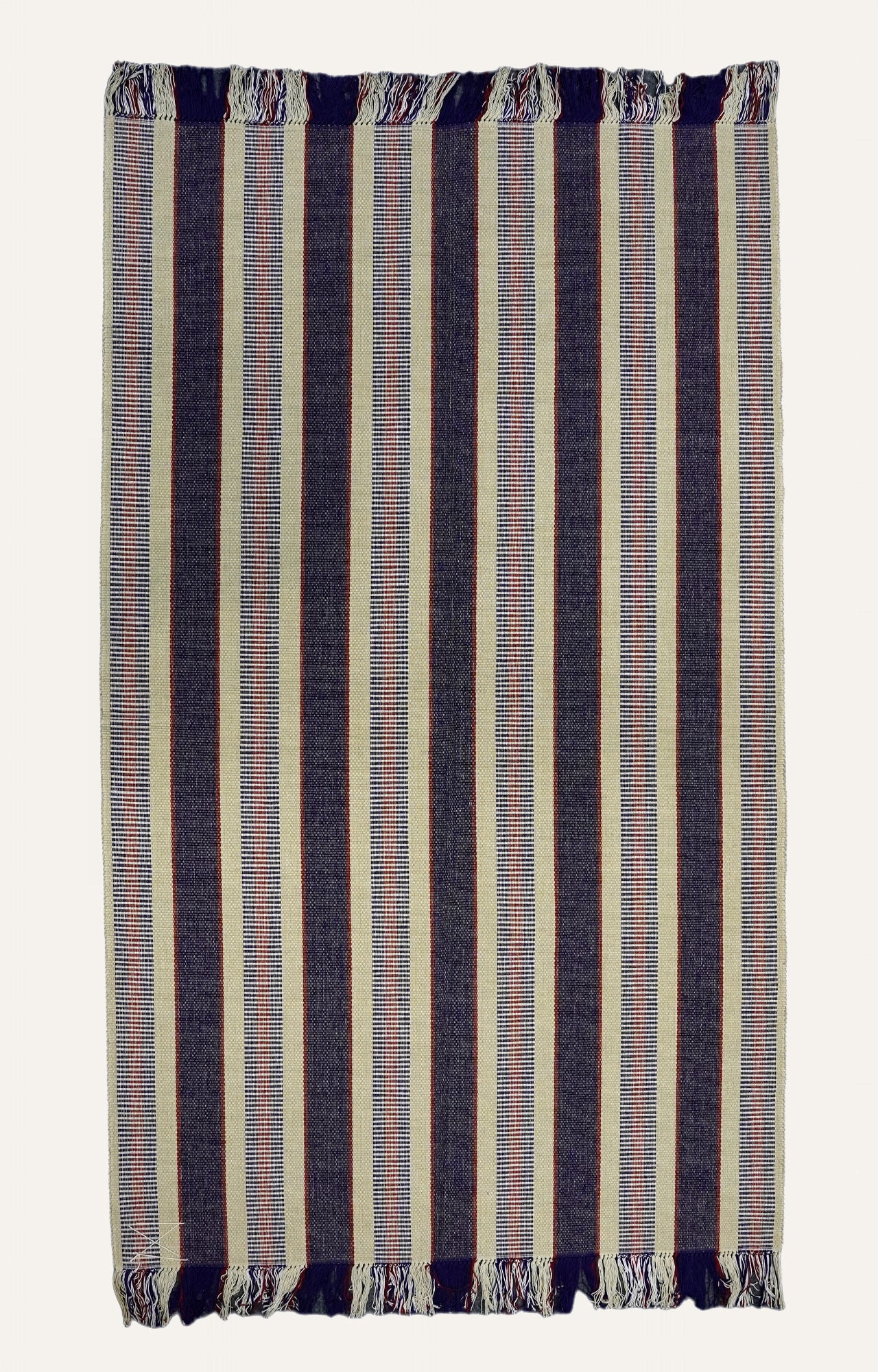 Navy Blue Cotton Striped Rug with Tassels