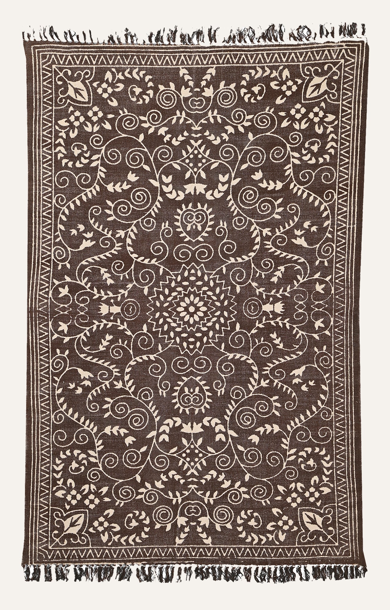 Brown & Ivory Floral Scroll Cotton Rug