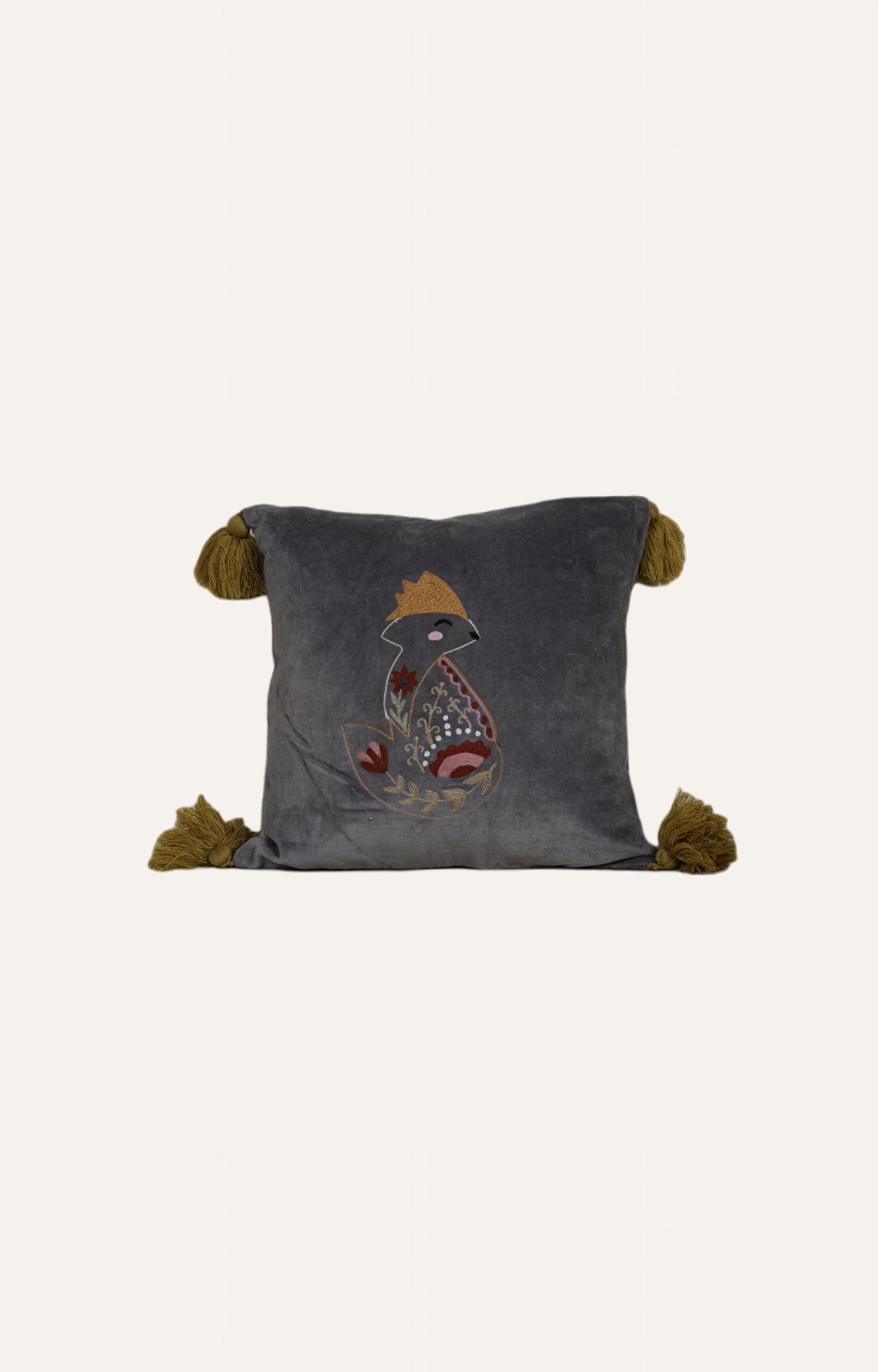 Embroidered Velvet Cushion with Fox Motif