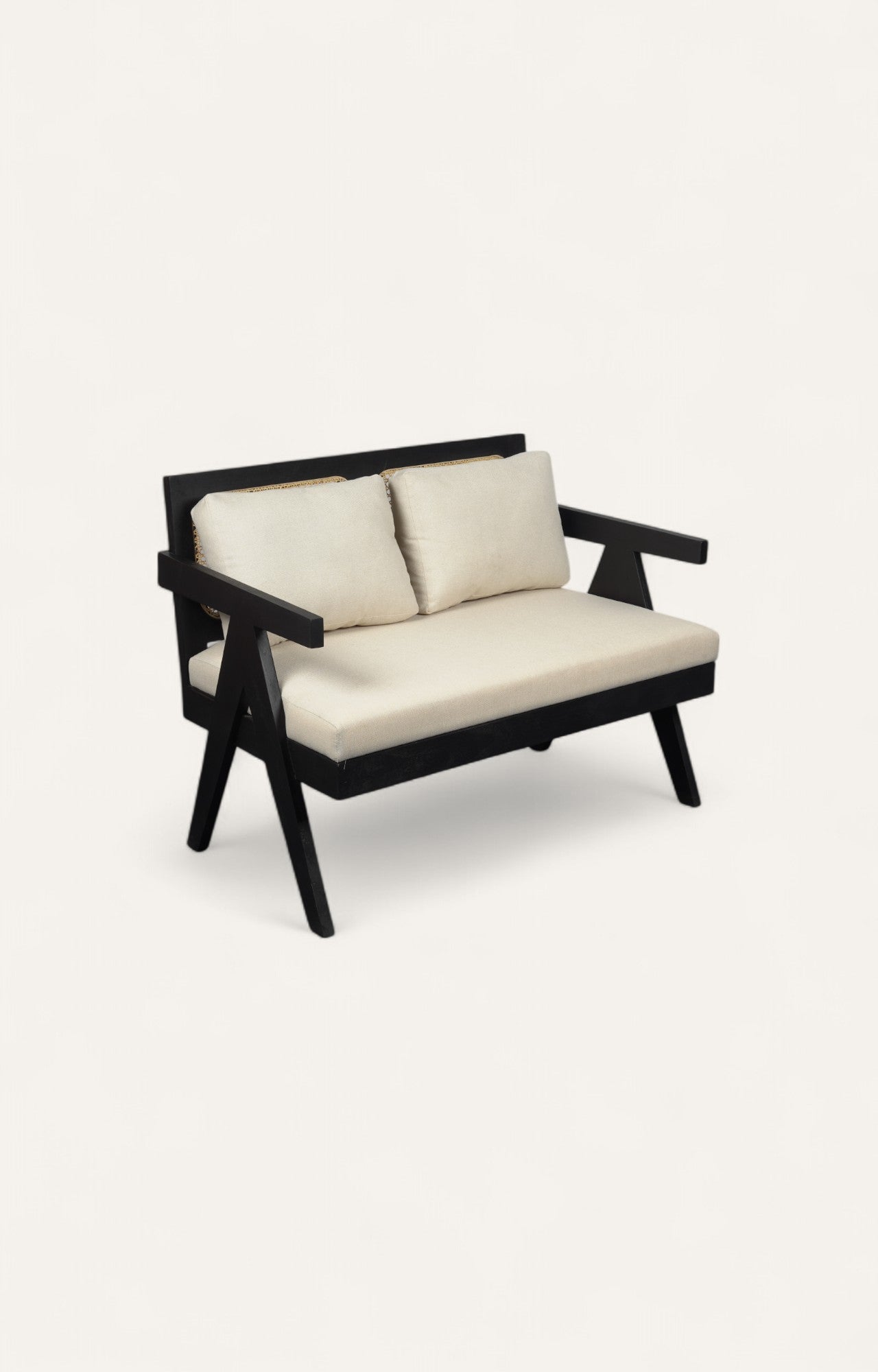 Modern Black Acacia Bench with Cane & Linen
