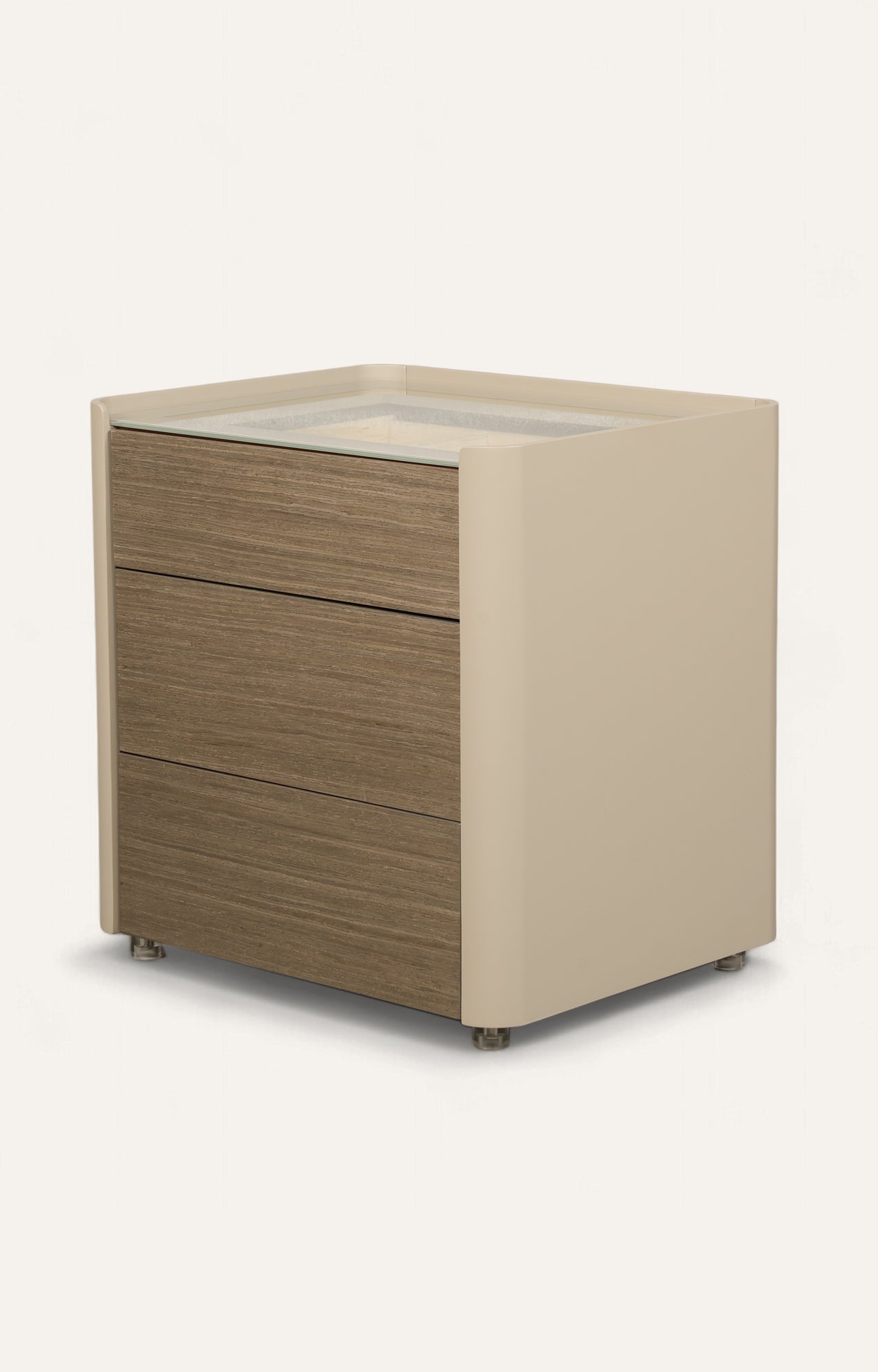 Modern Three-Drawer Nightstand with Glass Top and Lacquered Frame