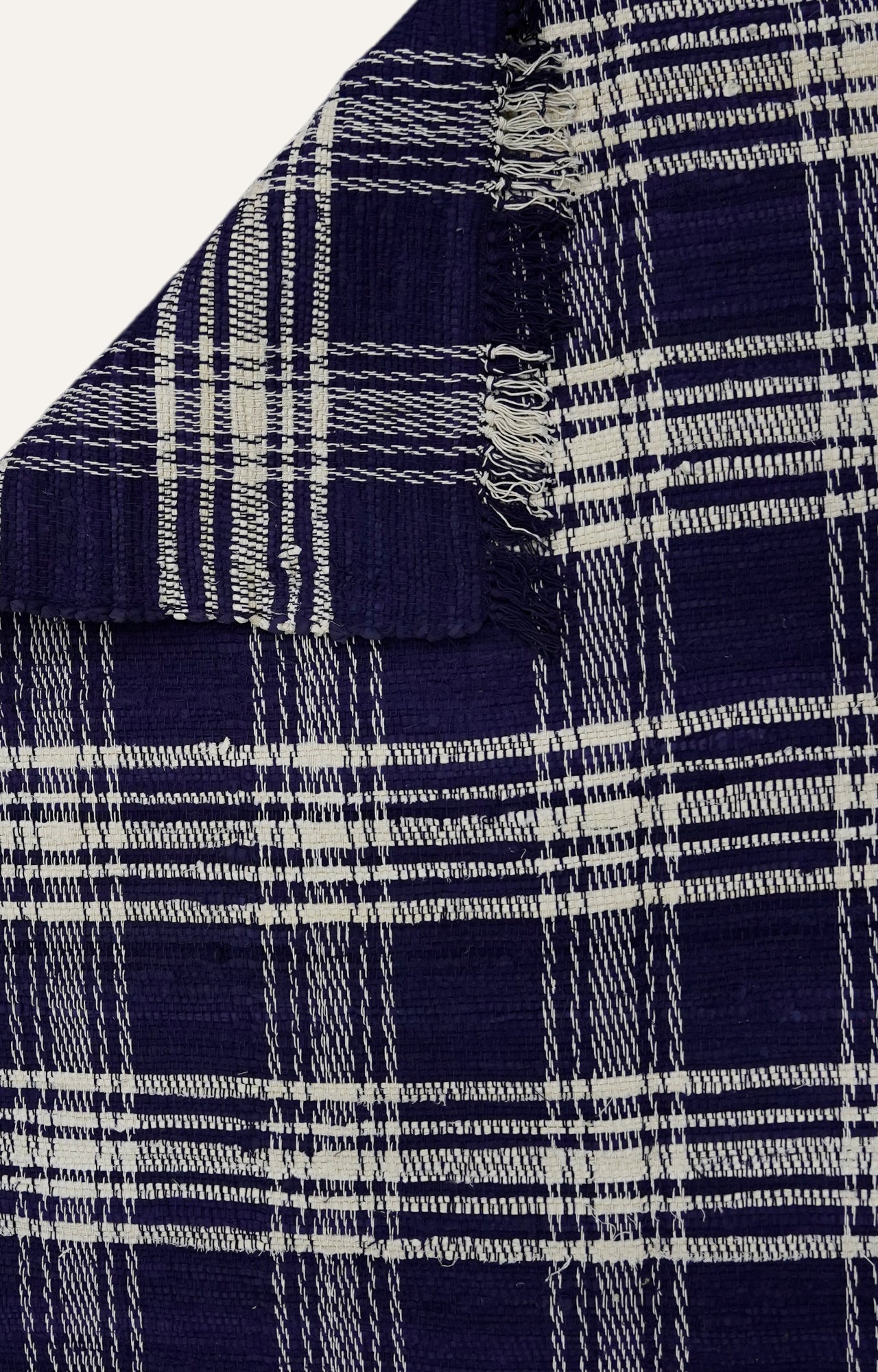 Navy Blue Checks Cotton Rug with Tassels