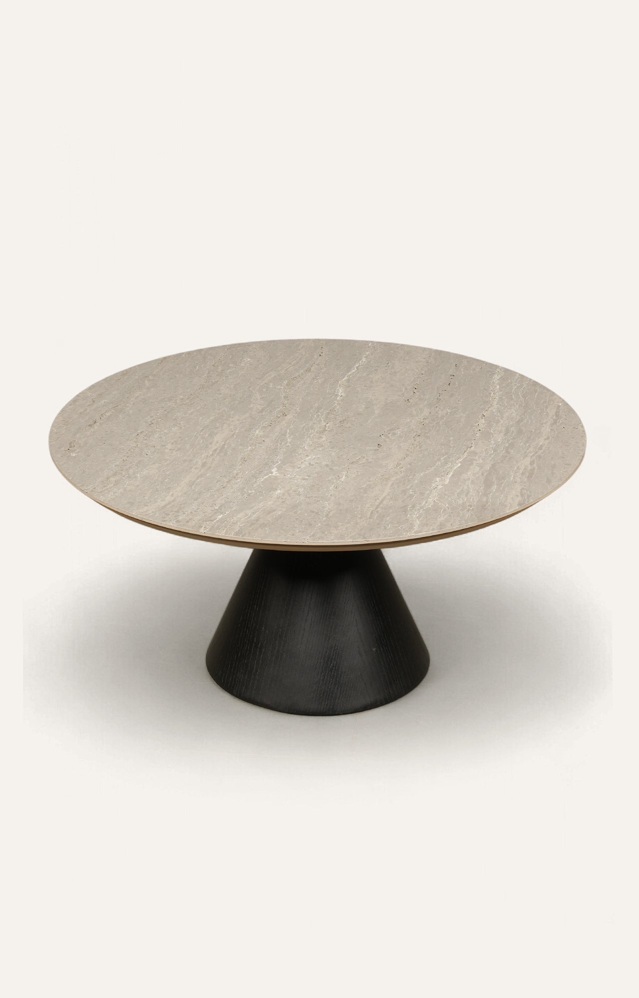 Round Travertine Top Black Cone Coffee Table