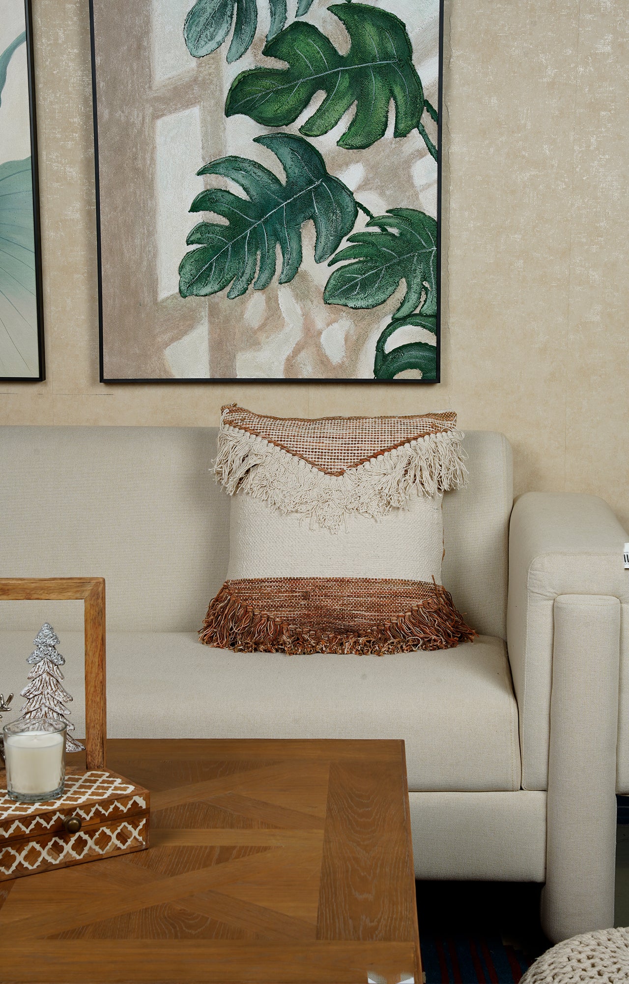 Textured Fringe Cushion in Neutral and Earthy Tones