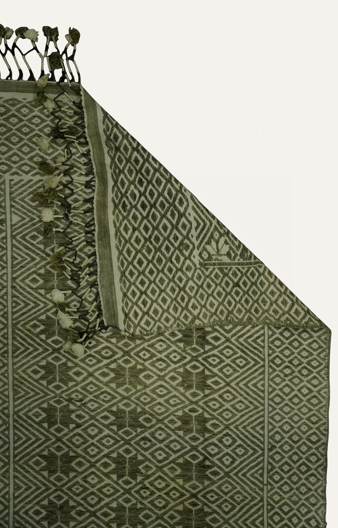 Green Chevron Handwoven Cotton Rug with Tassels