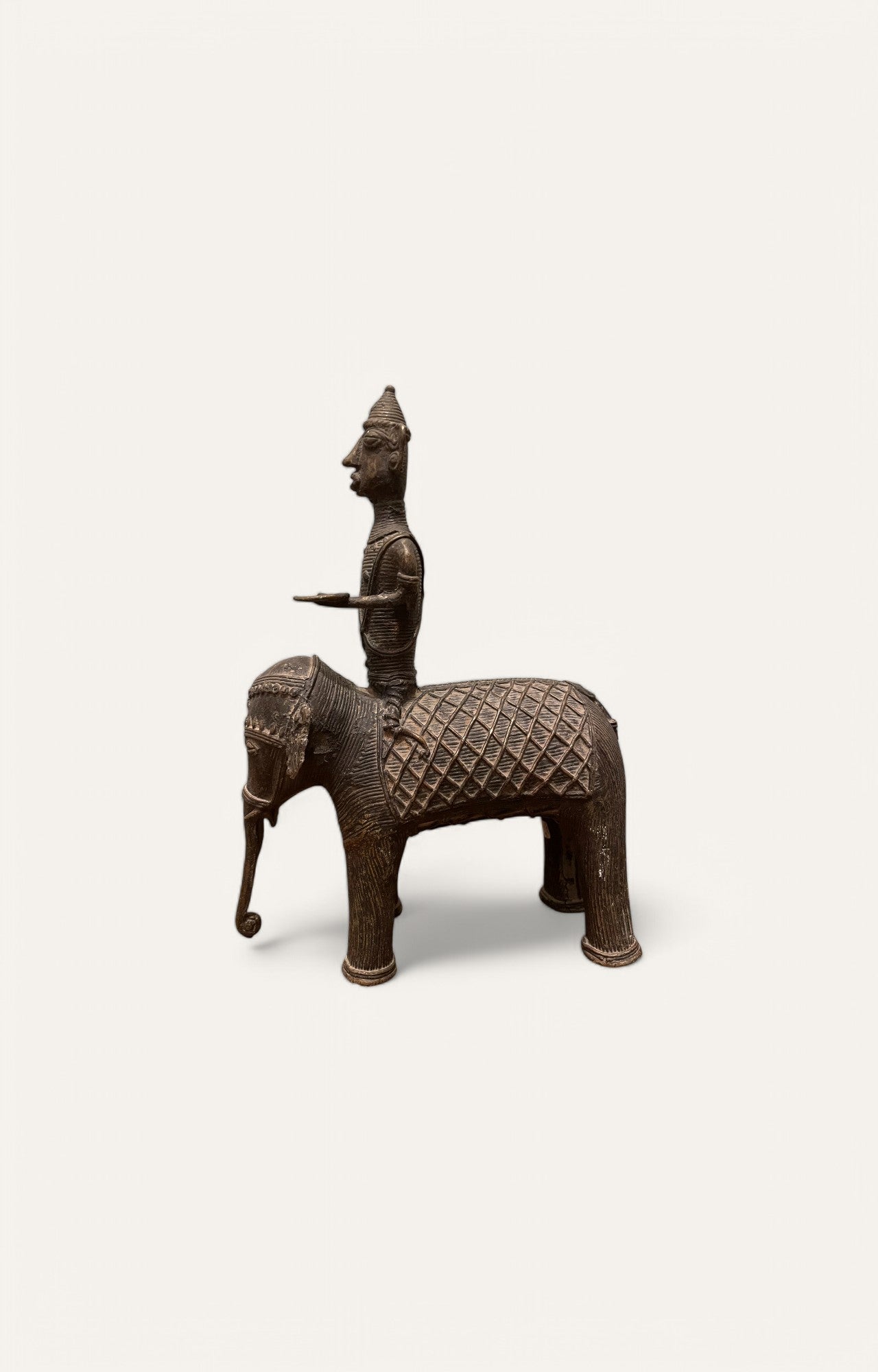 Man on Elephant Tribal Brass Sculpture