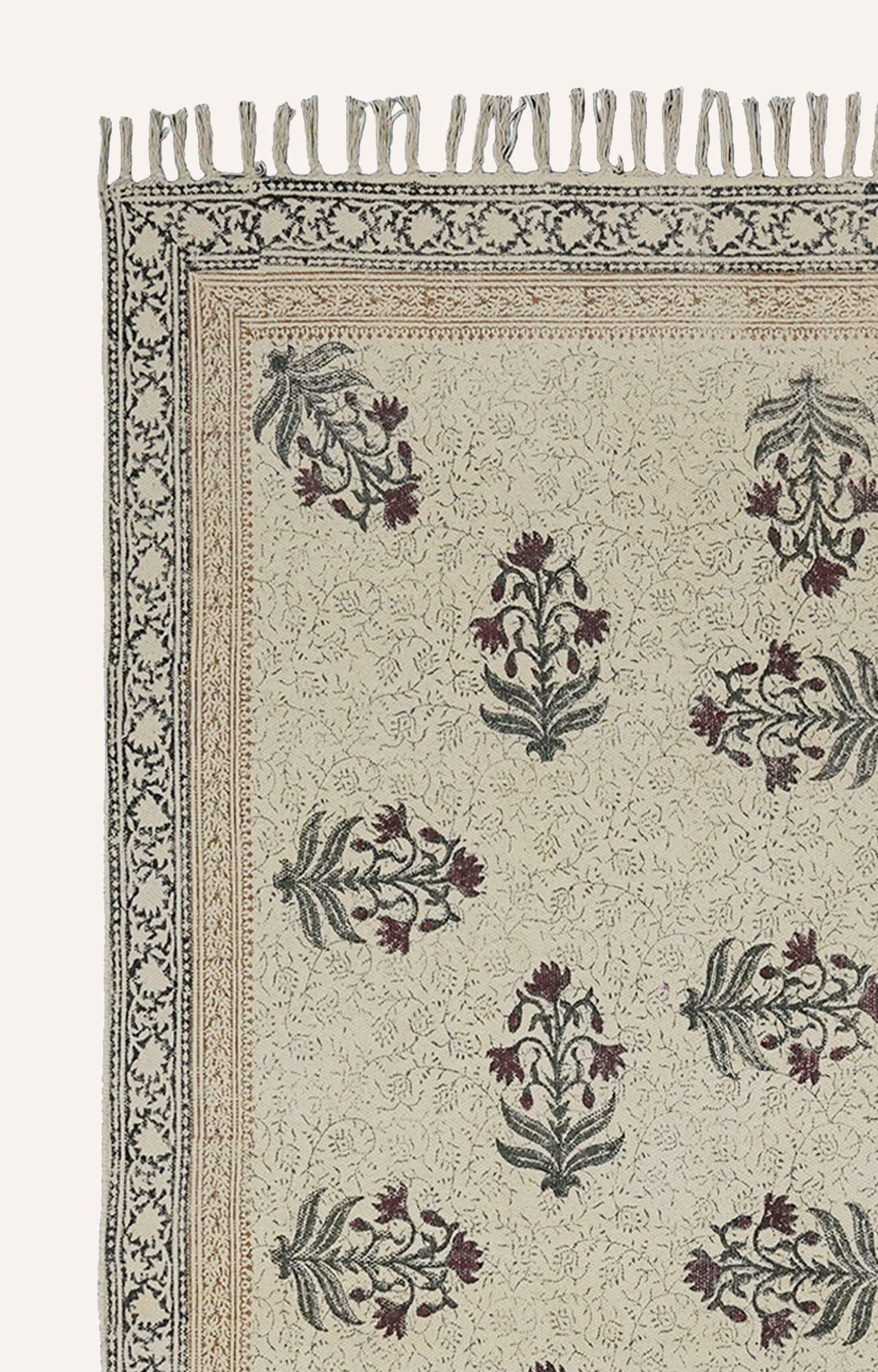 Crimson Bloom Hand Block Printed Dhurrie Rug