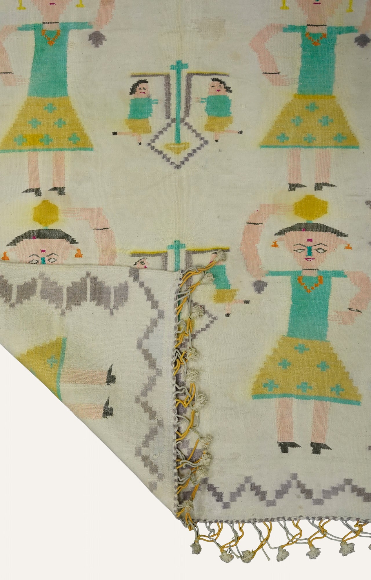 Folk Art Handwoven Cotton Rug with Tassels