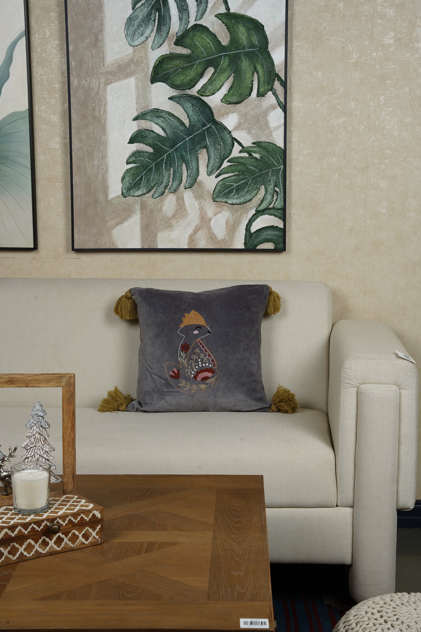 Embroidered Velvet Cushion with Fox Motif