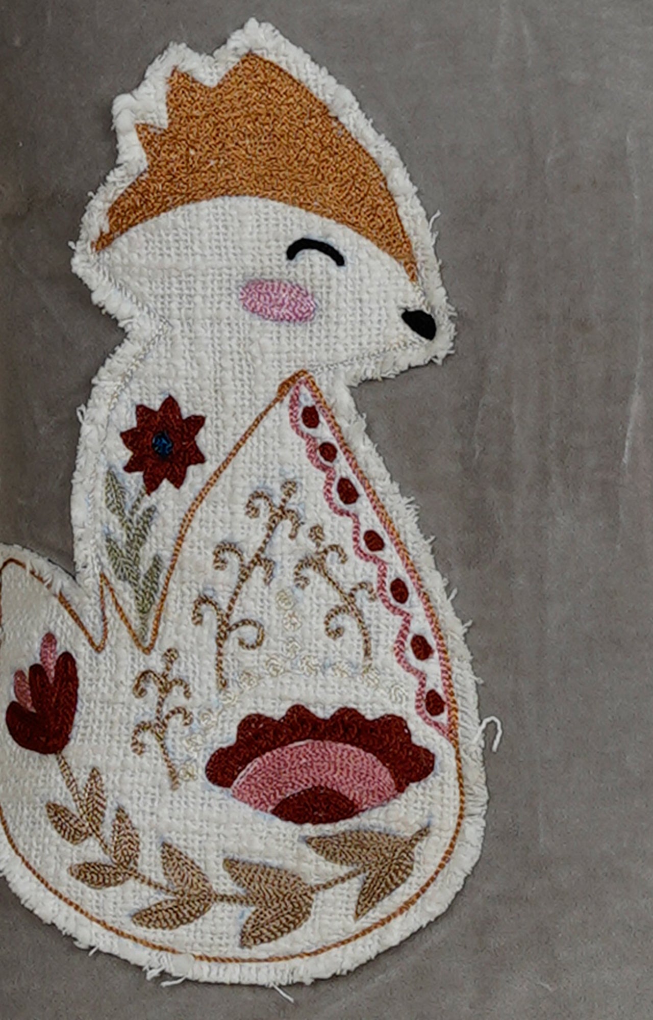 Velvet Cushion with Embroidered Fox Motif