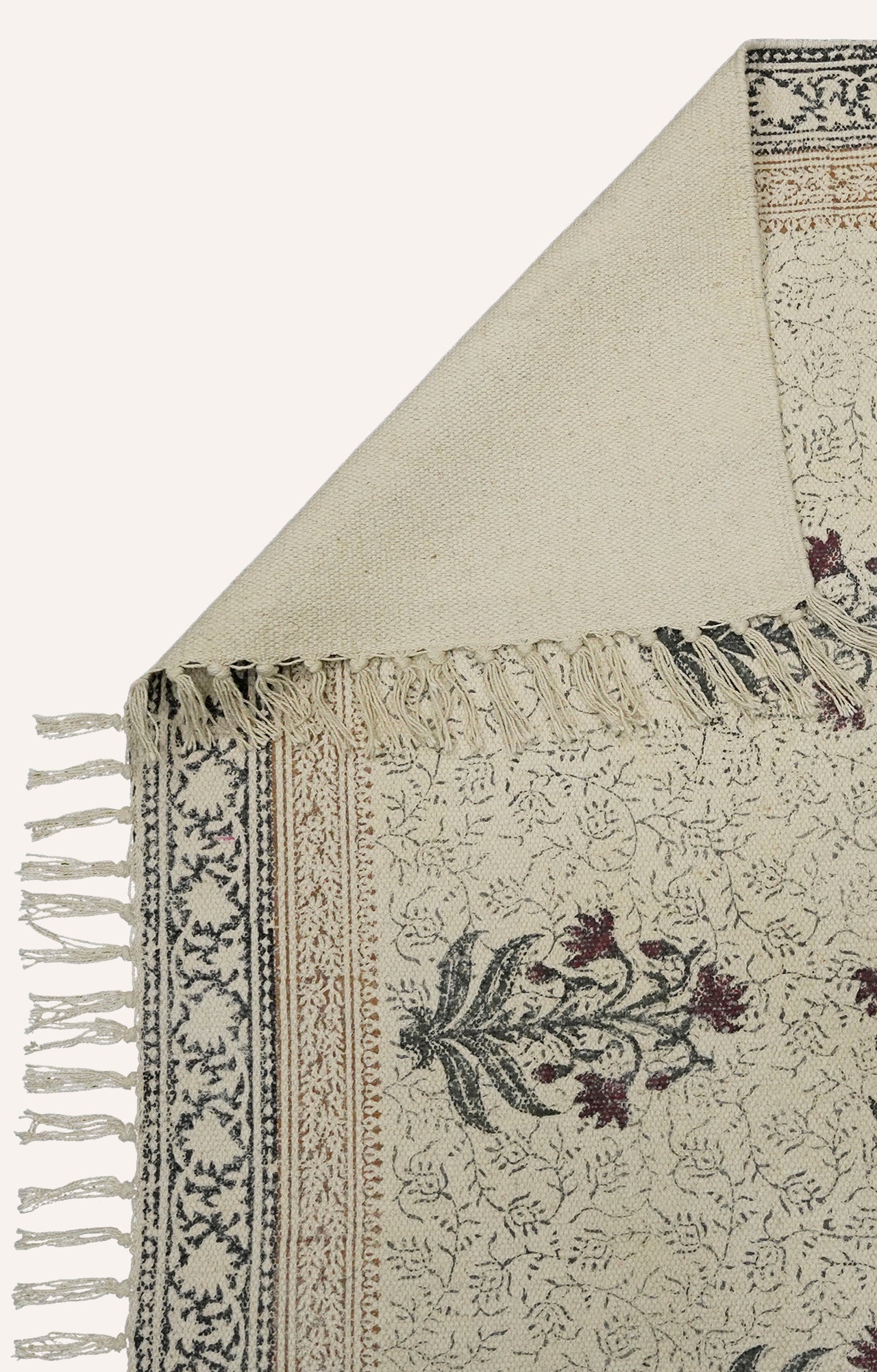 Crimson Bloom Hand Block Printed Dhurrie Rug