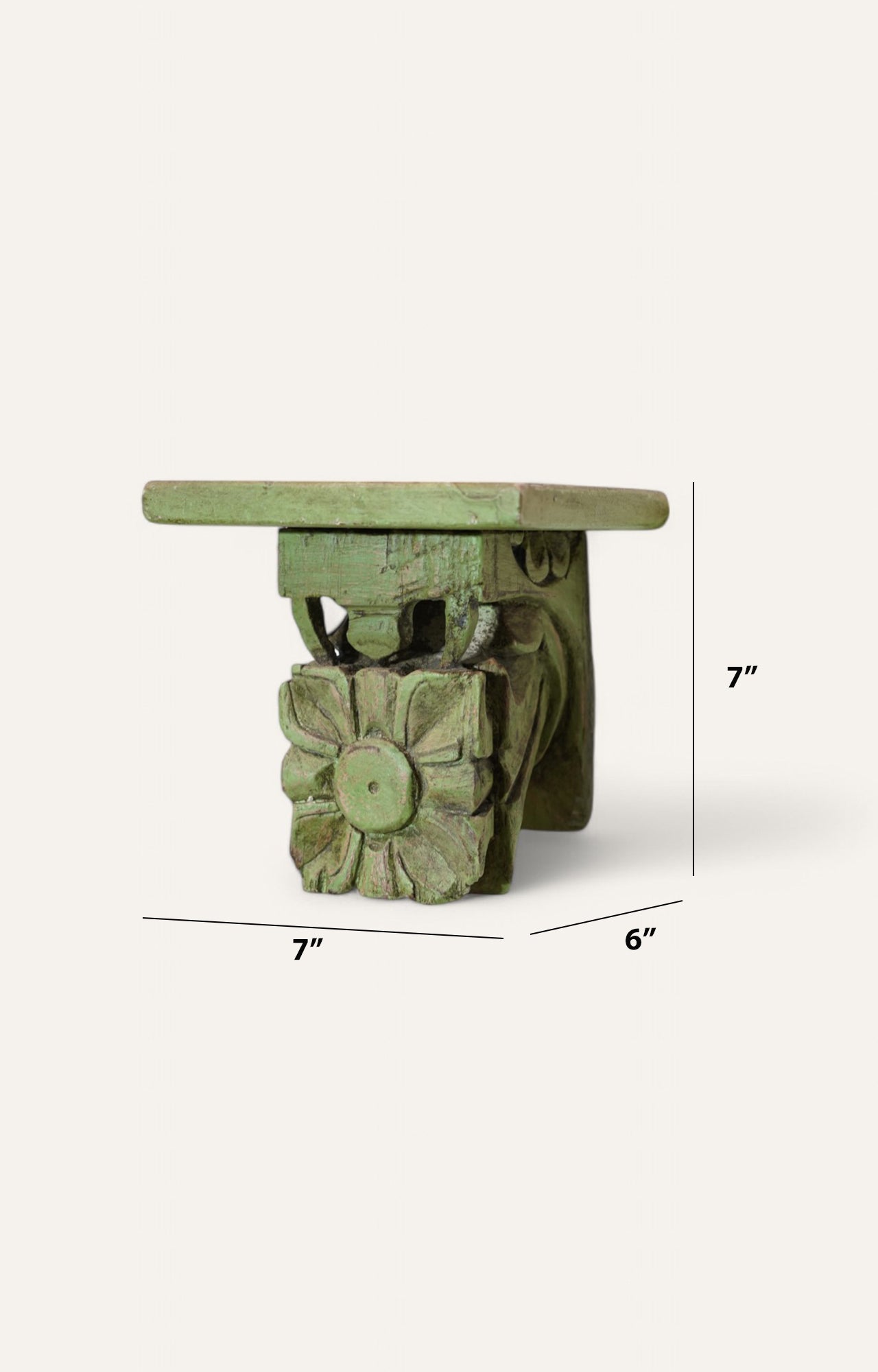 Hand-Carved Wooden Bracket in Distressed Green