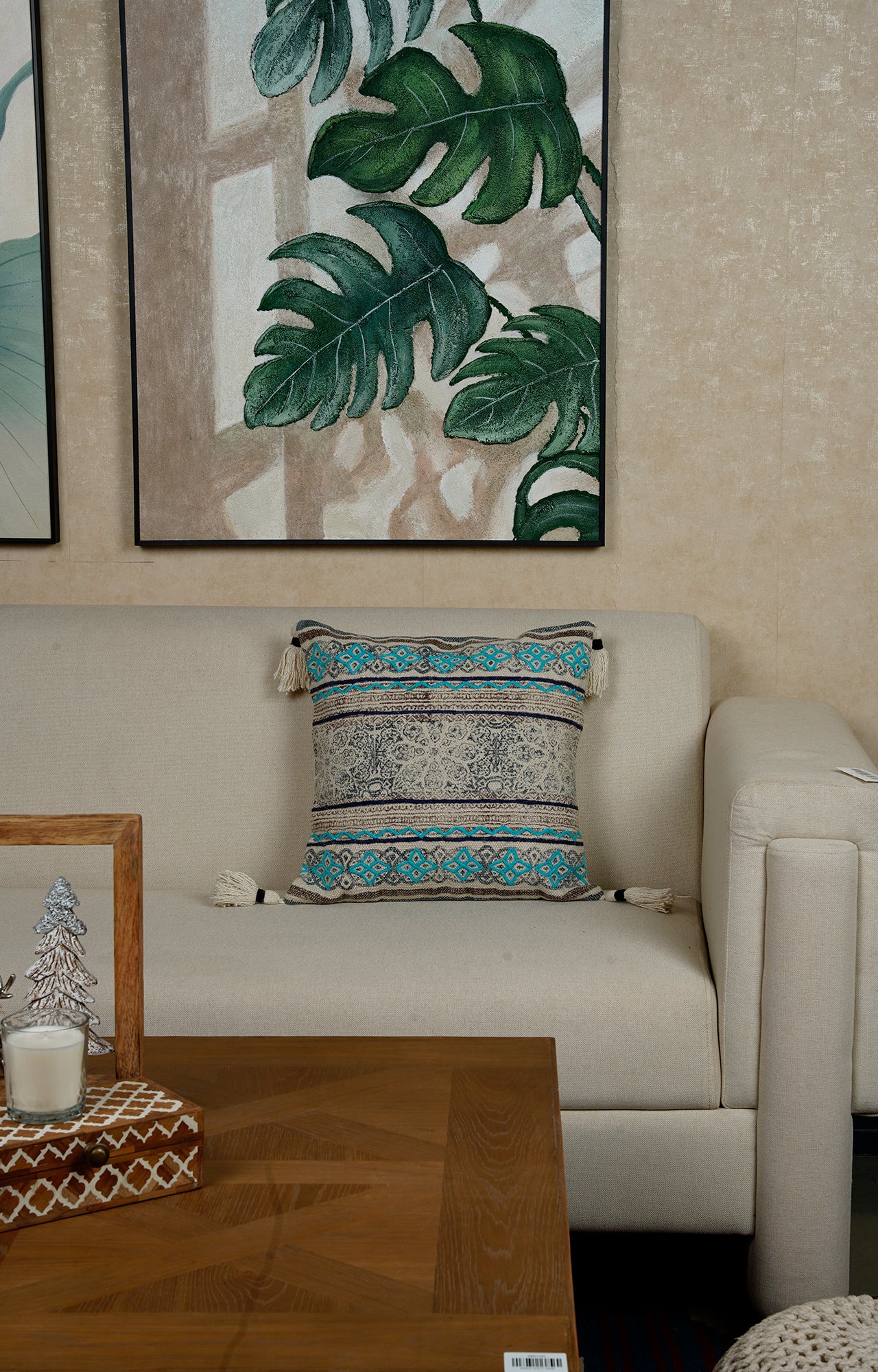 Textured Boho Cushion with Embroidered Accents