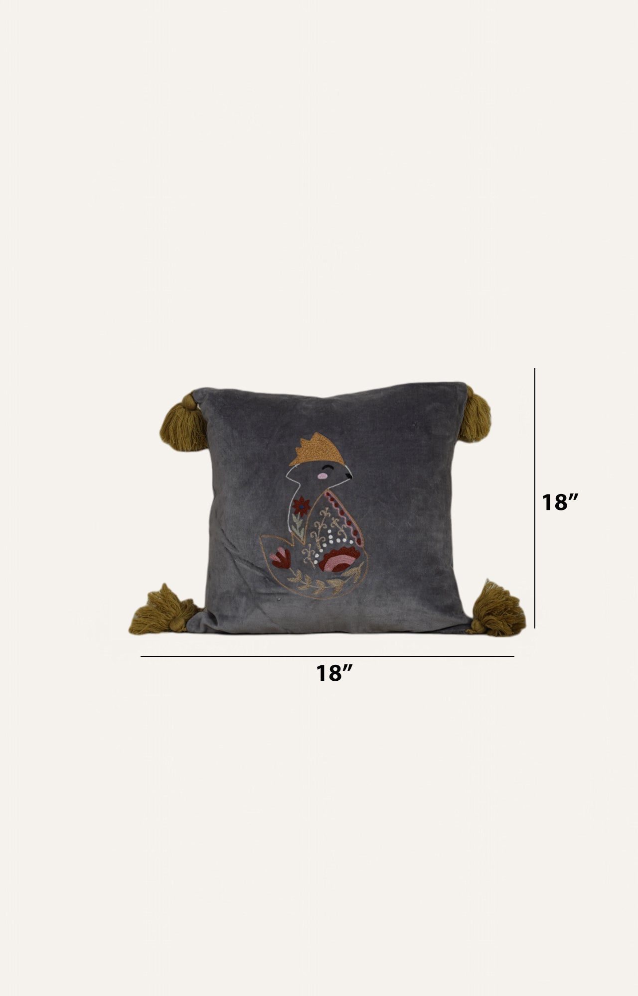 Embroidered Velvet Cushion with Fox Motif