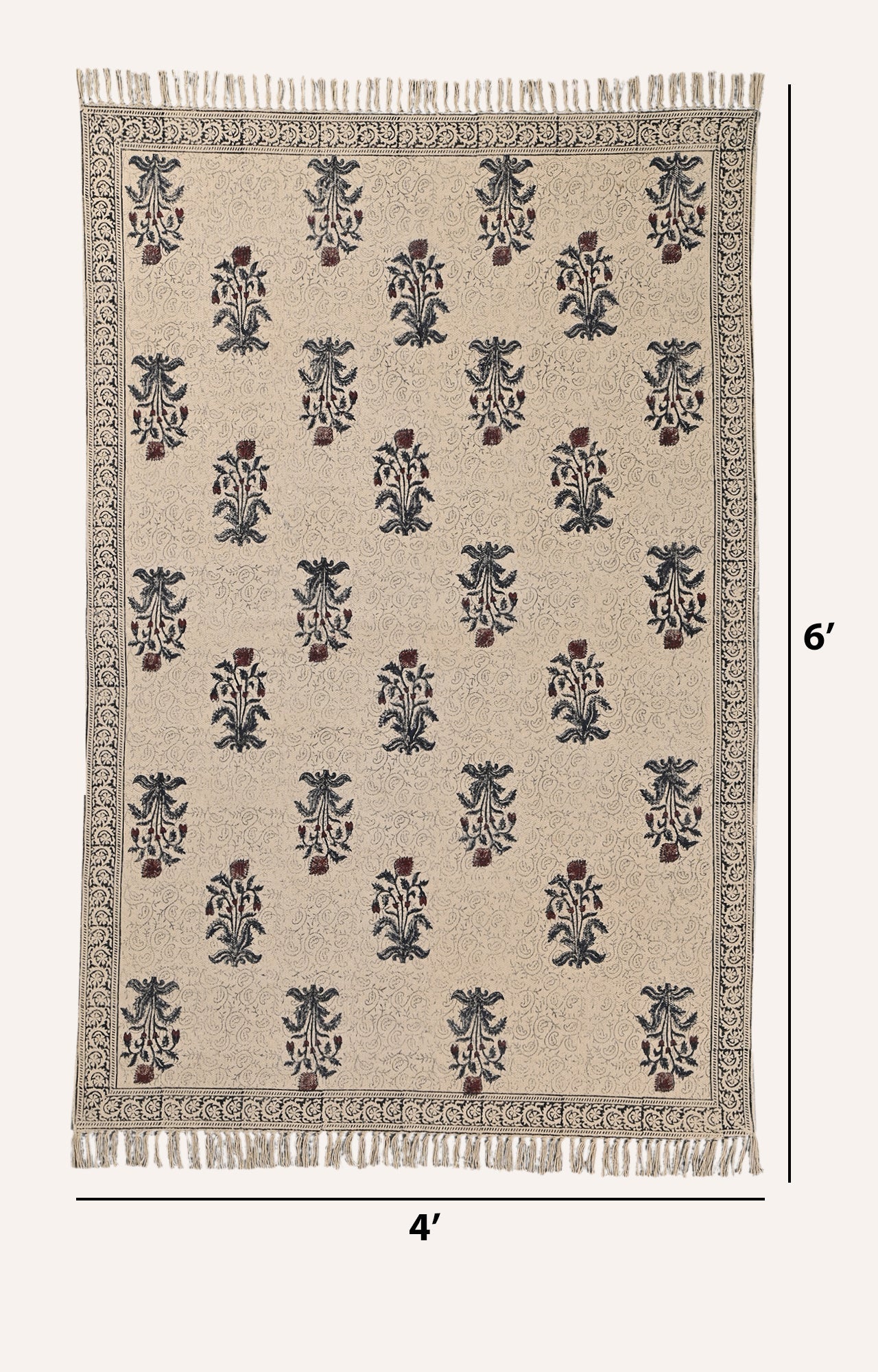 Handwoven Block Print Rug with Living Root Motif Design