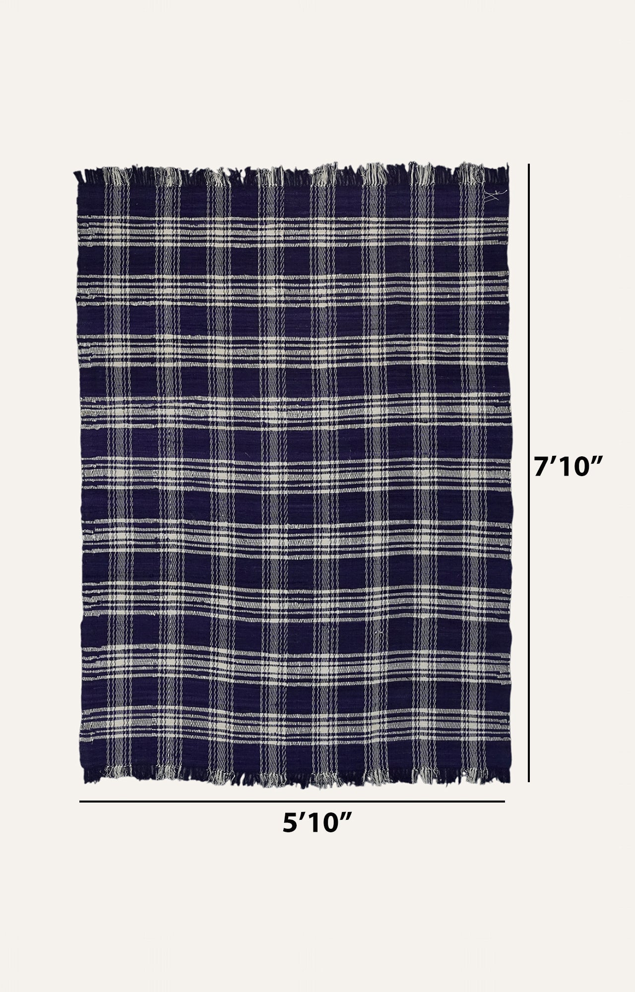Navy Blue Checks Cotton Rug with Tassels