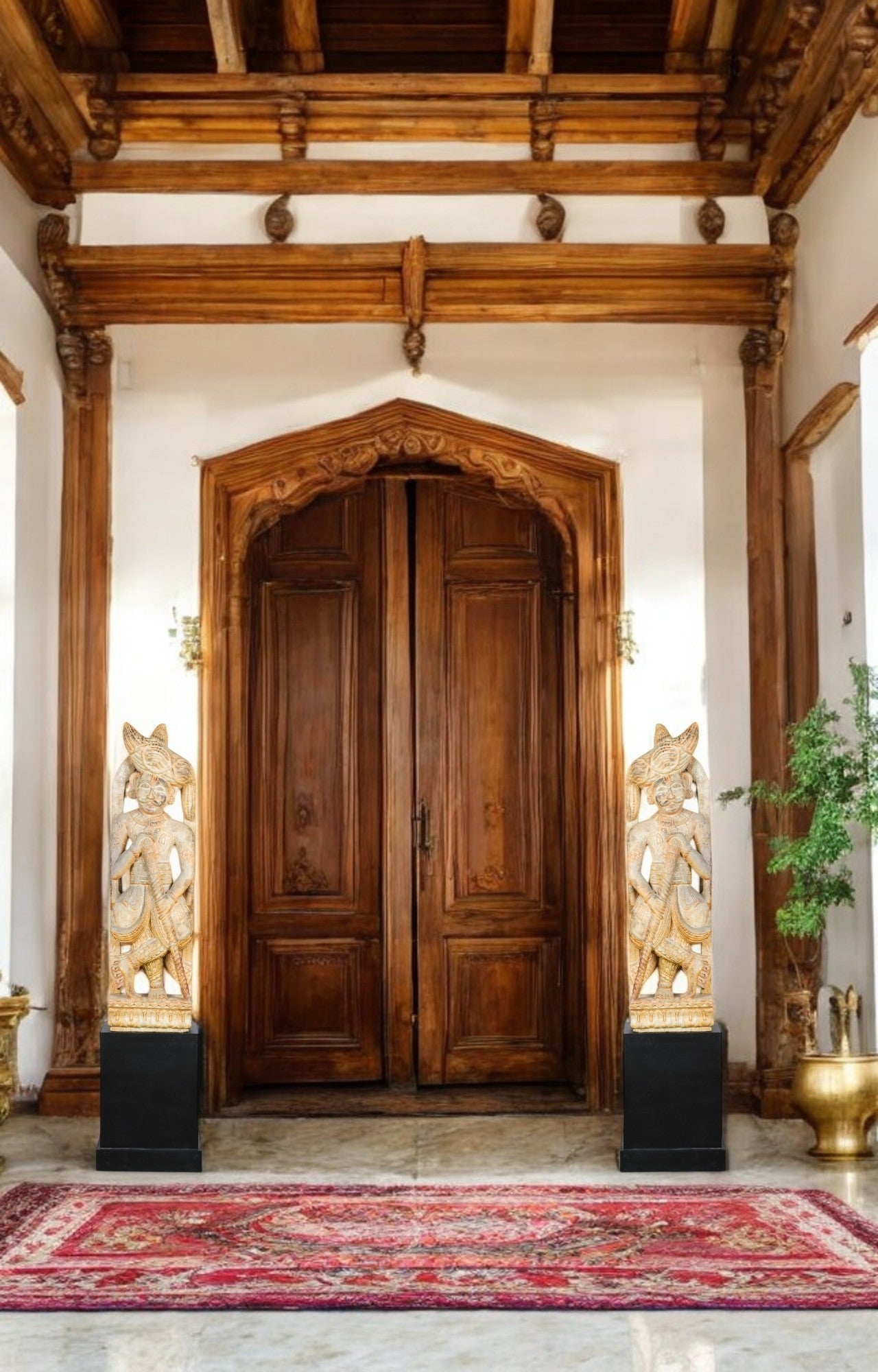 Vintage Wooden Dwarpal Statue – Decorative Regal Gatekeeper Showpiece