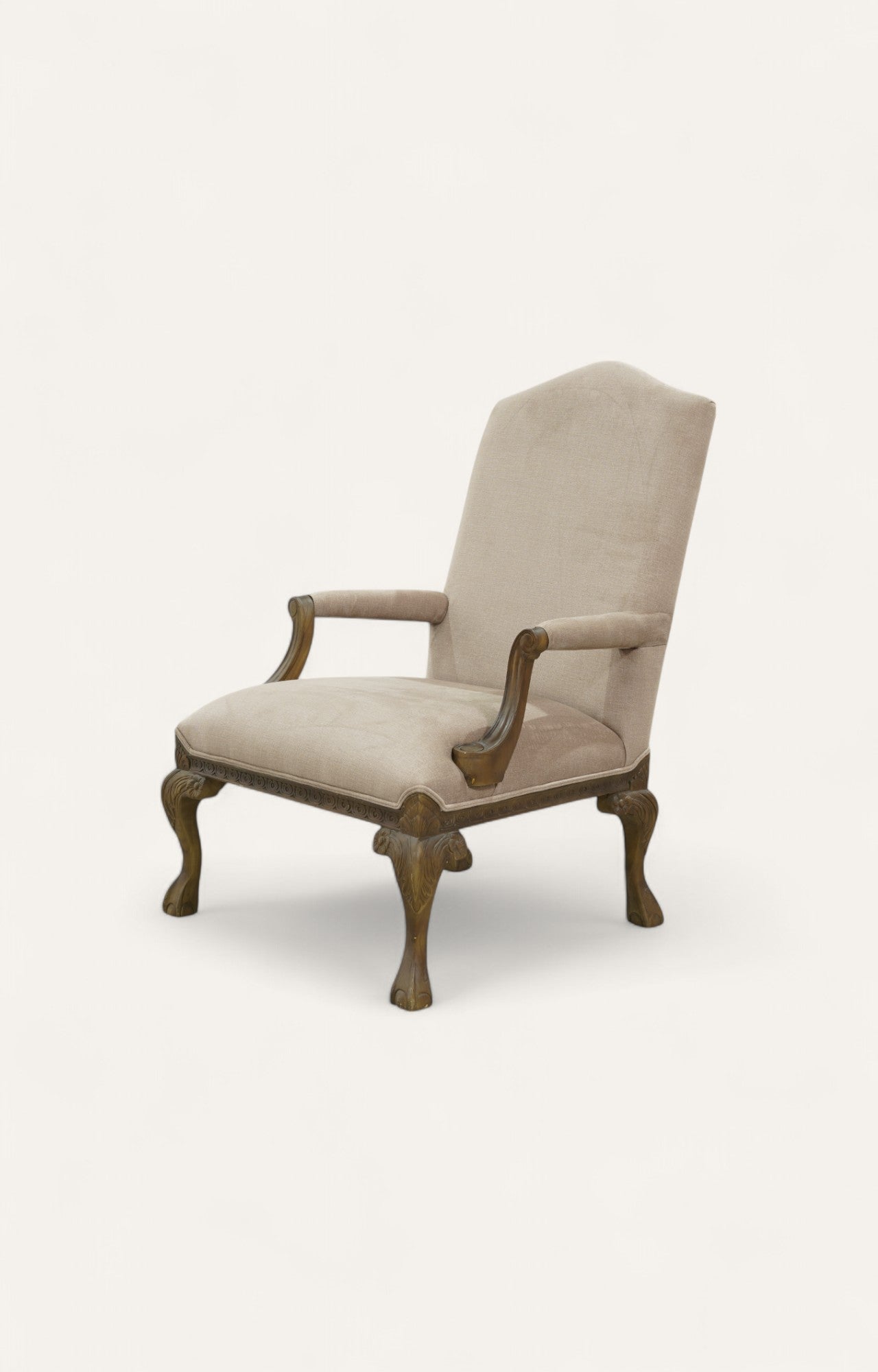 Mango green poly velvet high back armchair with curved wooden legs and arms