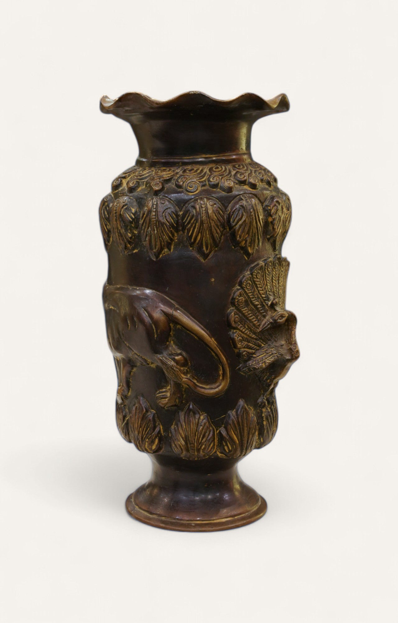 Elephant & Peacock Embossed Heritage Brass Vase Home Décor