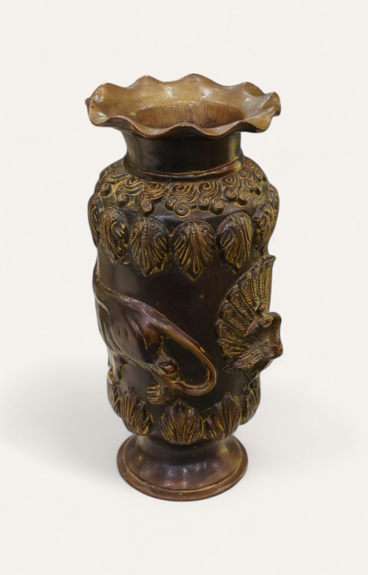 Elephant & Peacock Embossed Heritage Brass Vase Home Décor