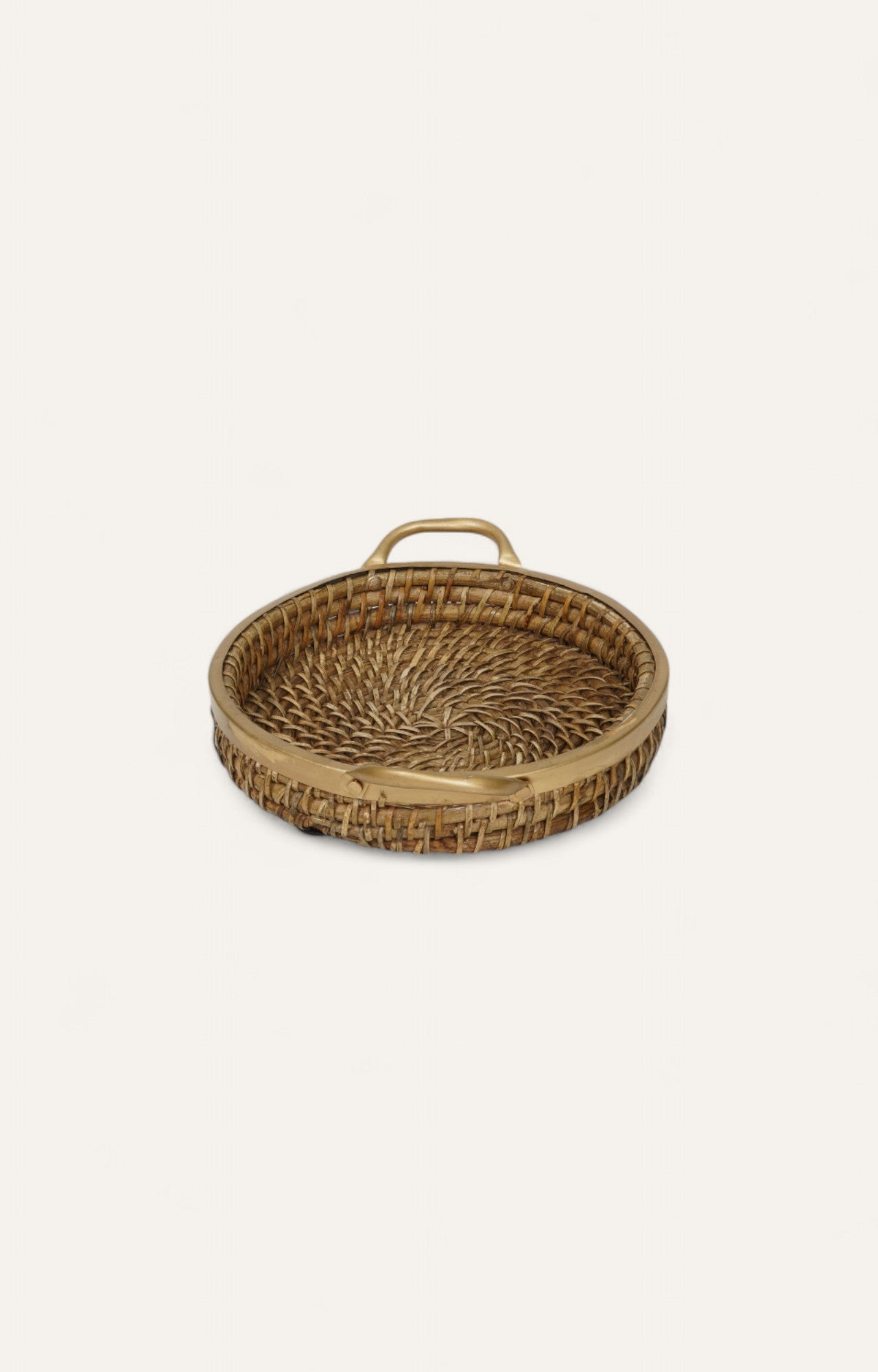 Round Rattan Tray with Brass Detailing – Medium