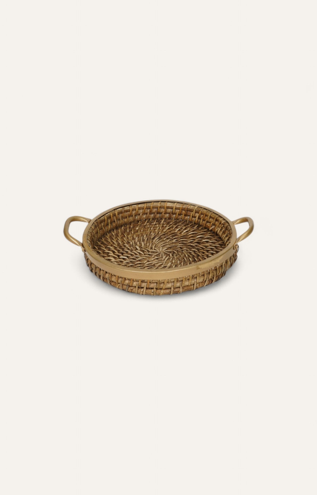Round Rattan Tray with Brass Detailing – Medium