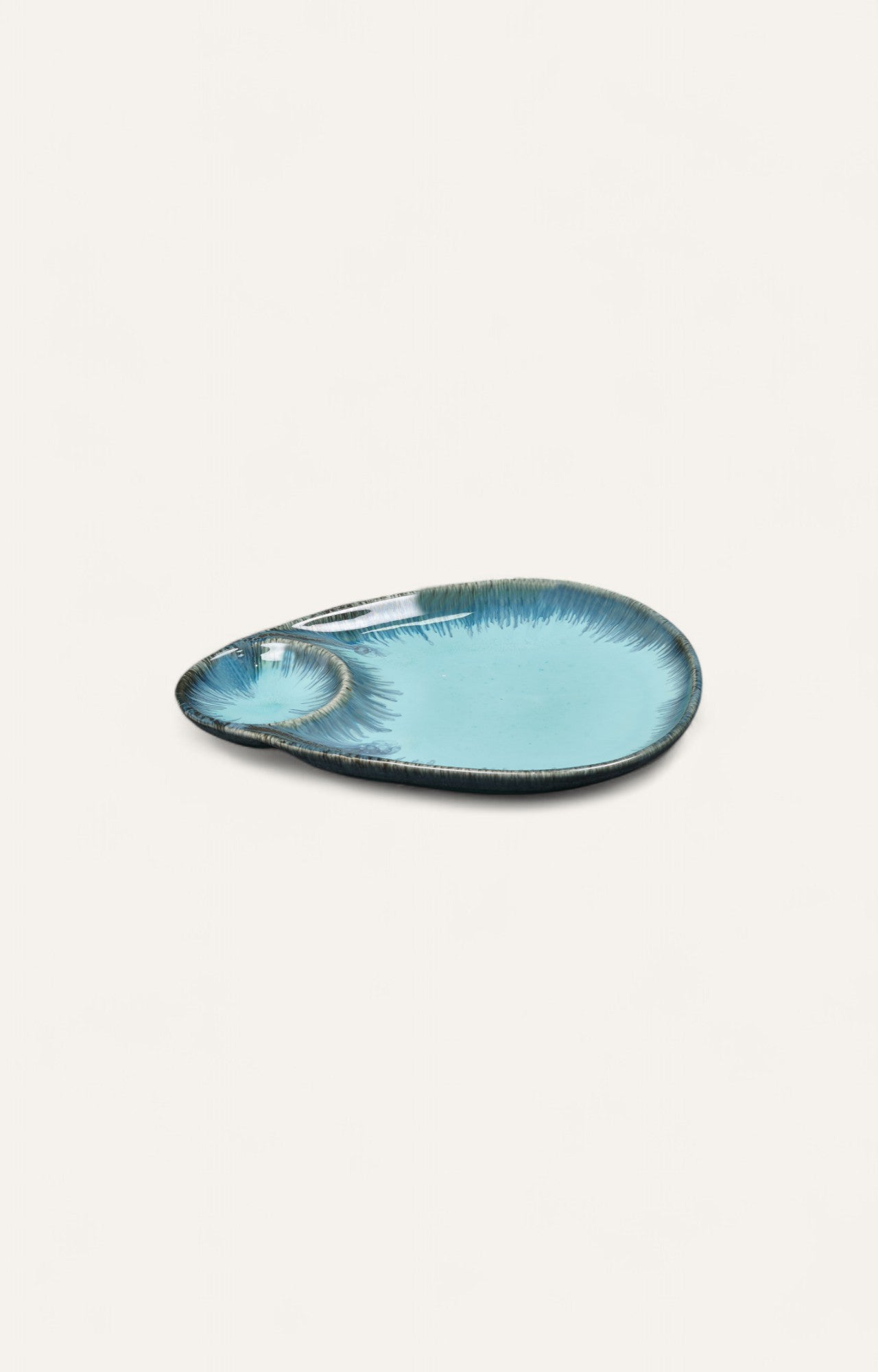 Fish-shaped ceramic chip and dip platter with blue and charcoal glaze finish