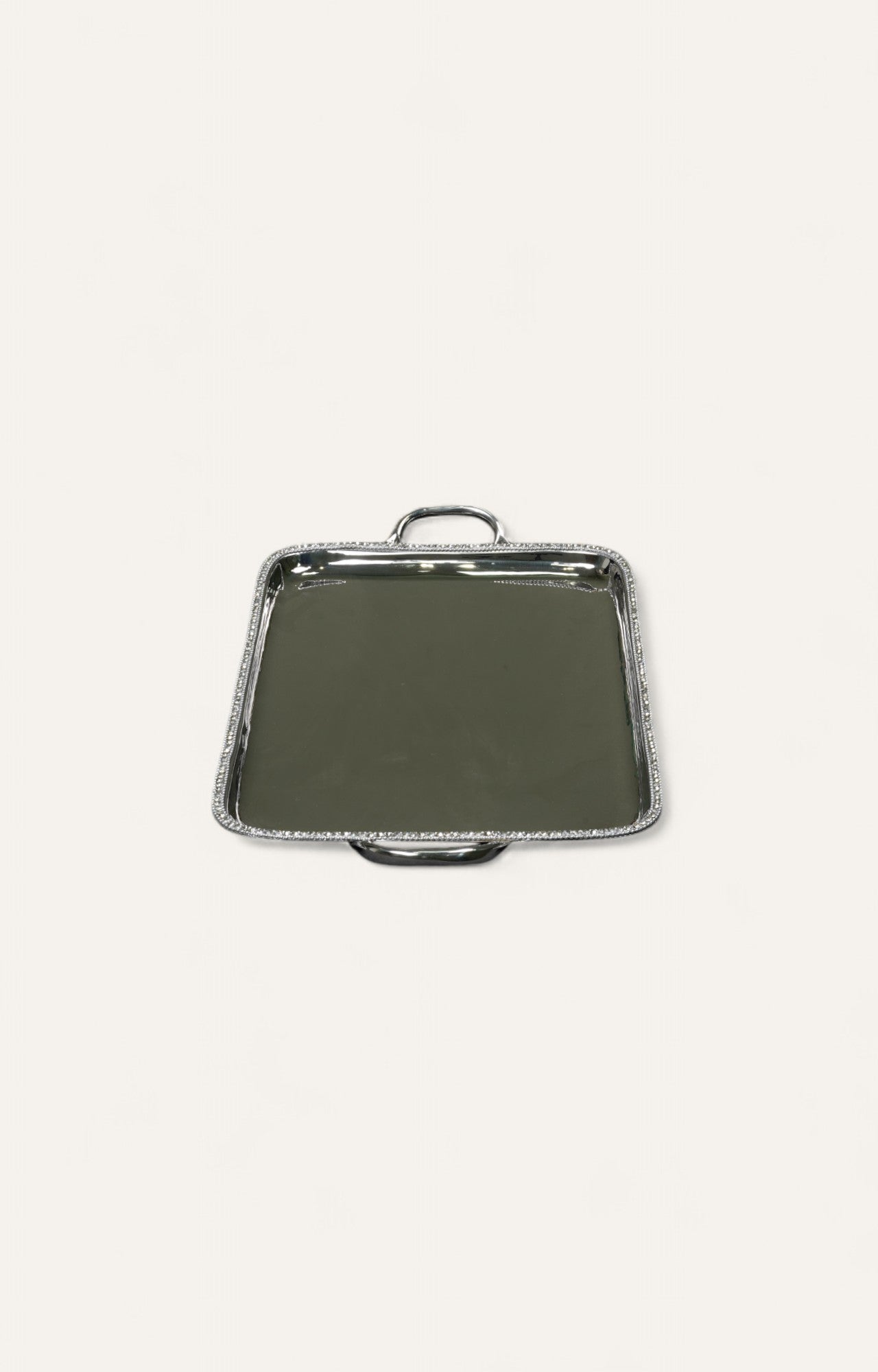 Rectangular metal tray with side handles and crystal detailing