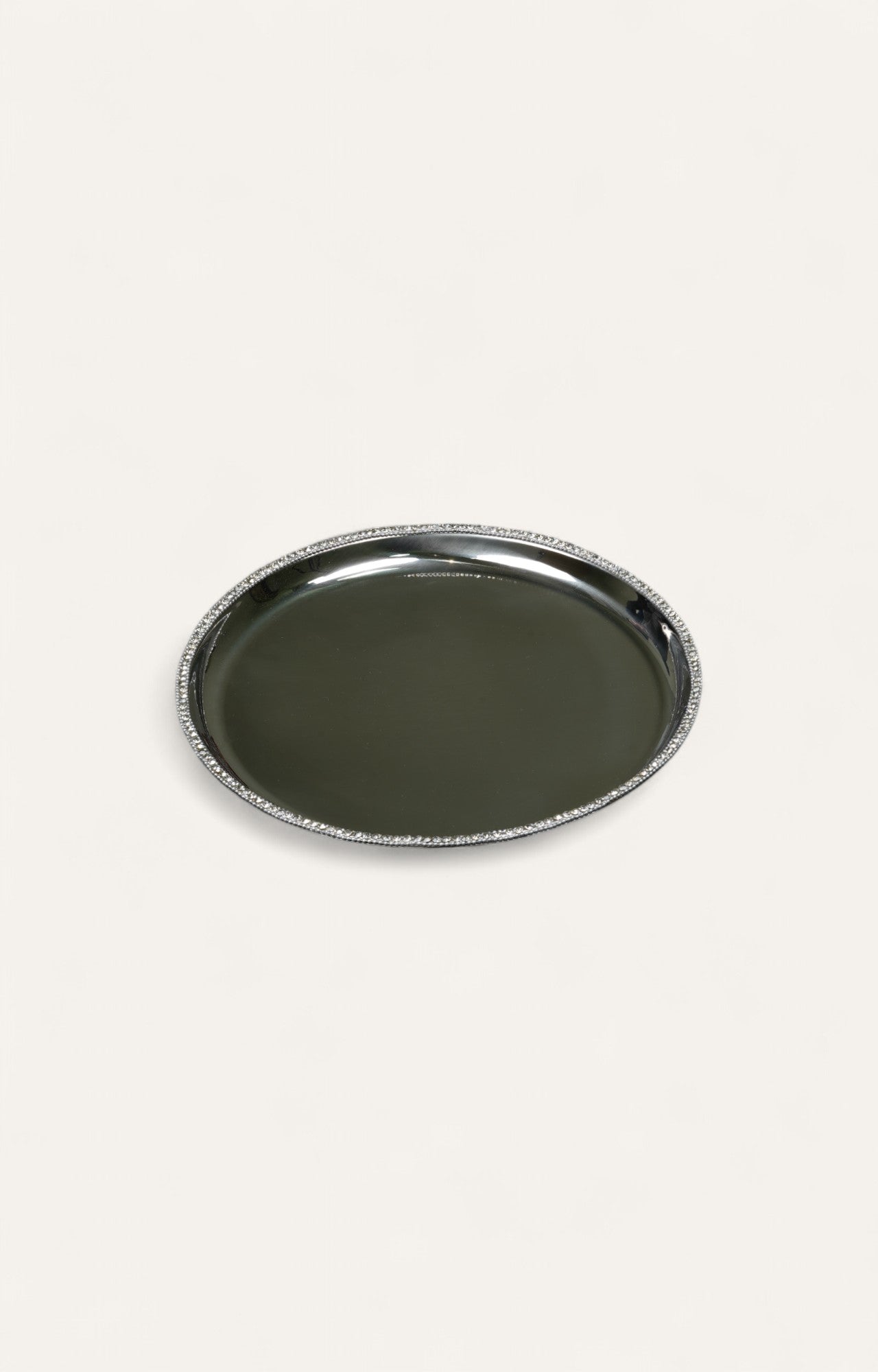 Round crystal-trimmed silver-tone metal serving plate