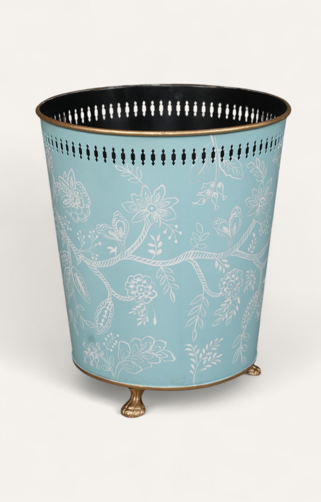 Blue Floral Metal Waste Bin with Perforated Rim