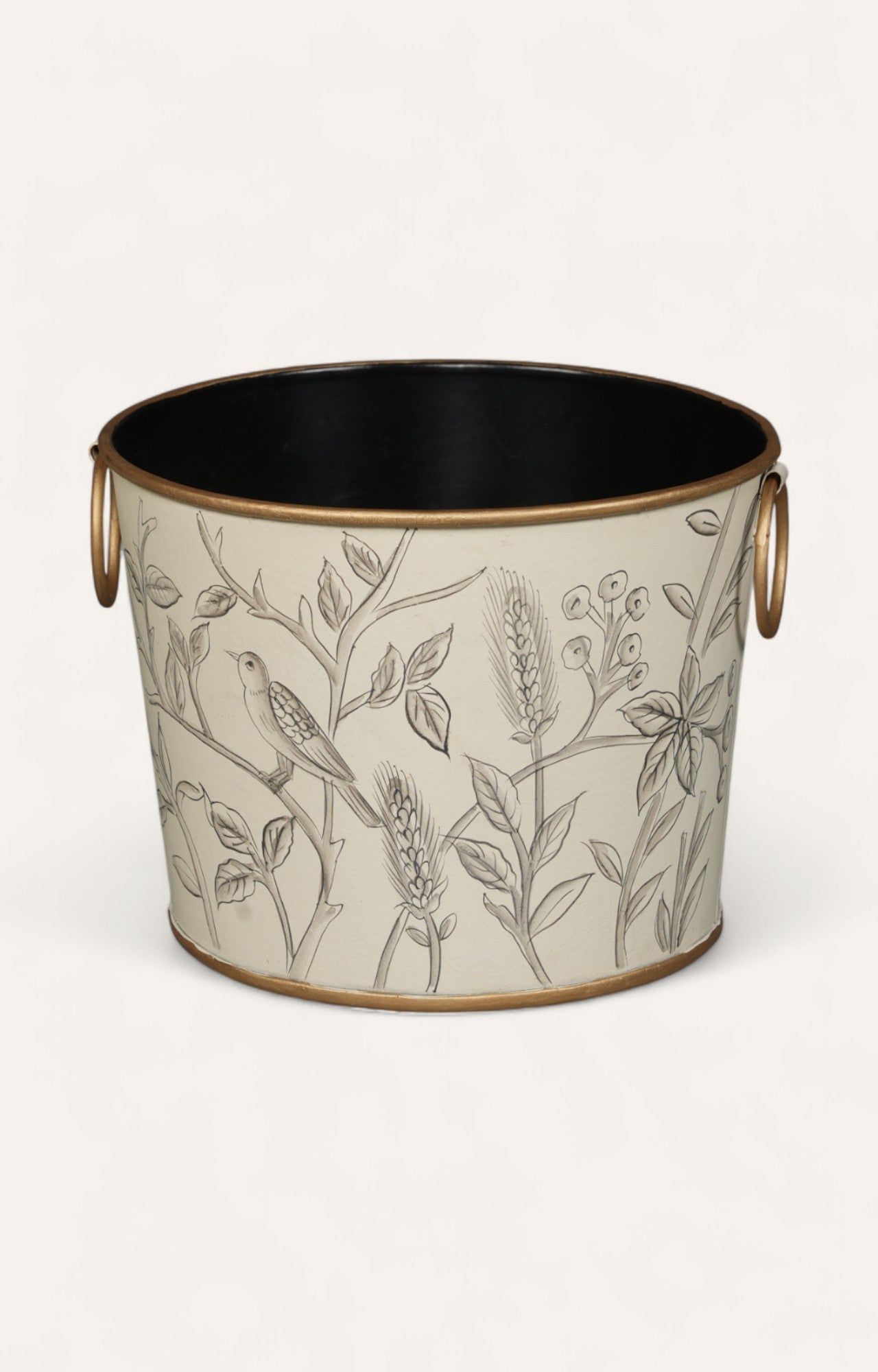 Monochrome Botanical Bird Metal Bucket- Big