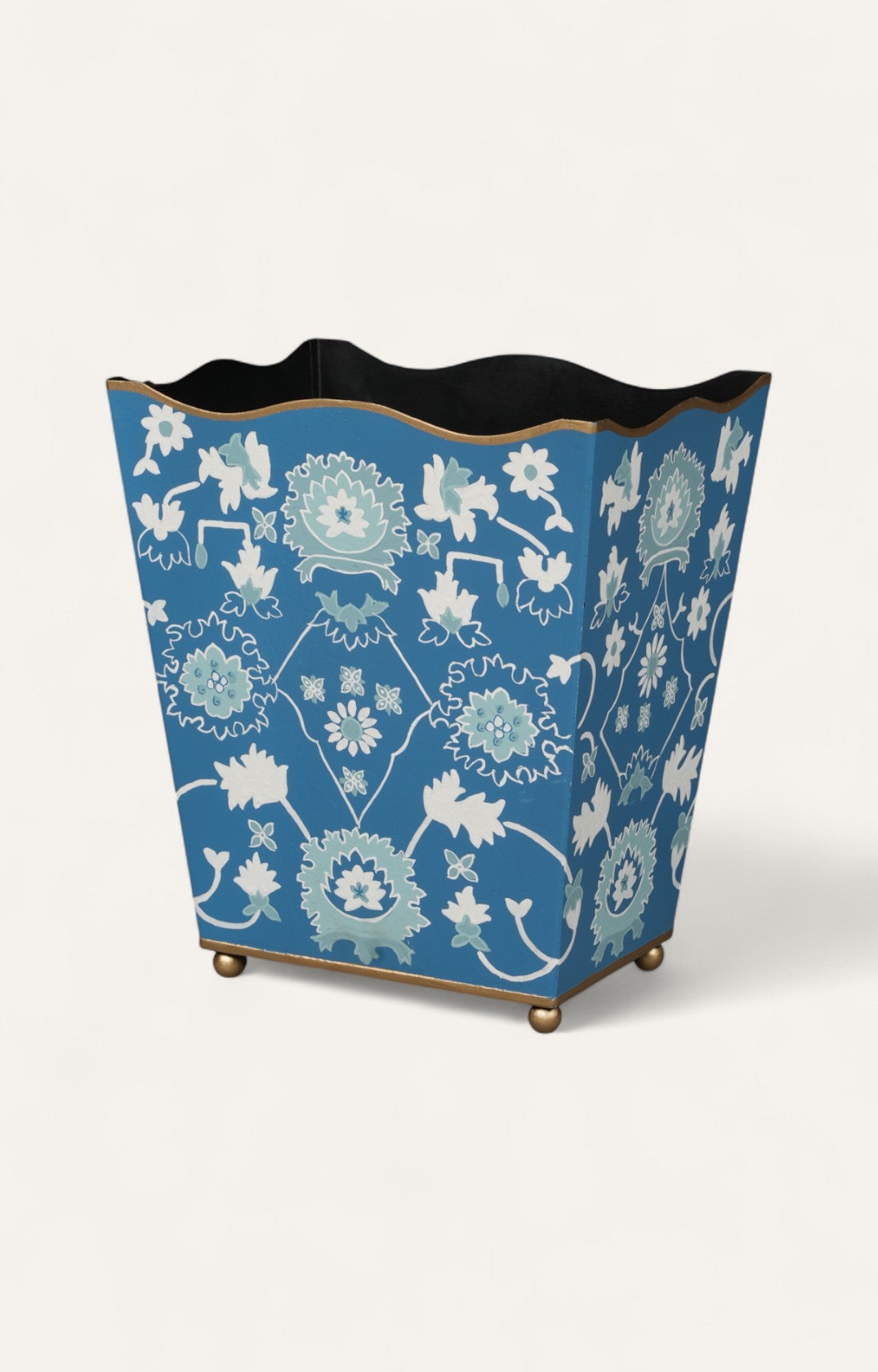 Blue Floral Square Metal Waste Bin