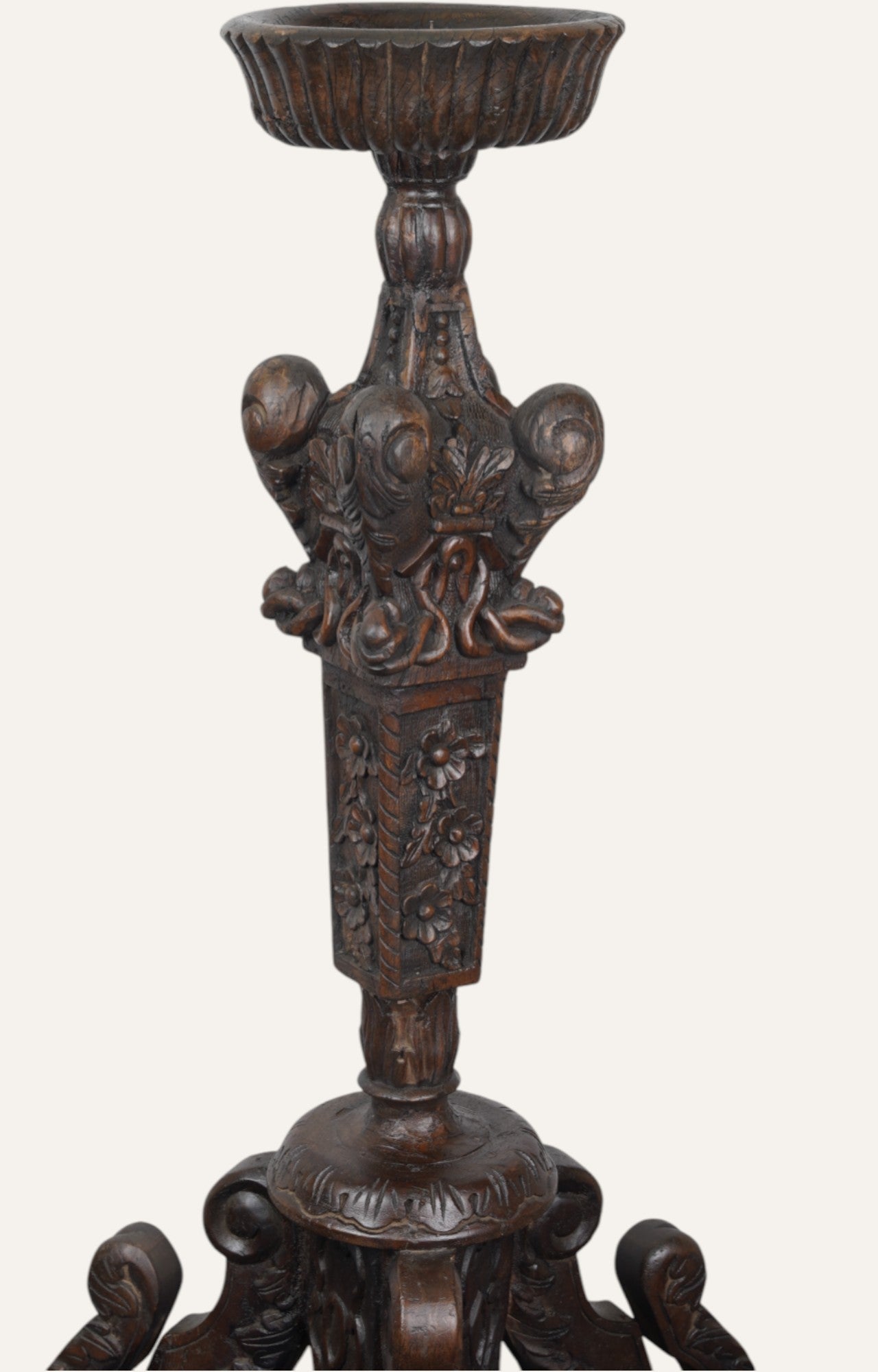 Ornate Teak Wood Tripod Floor Candle Stand